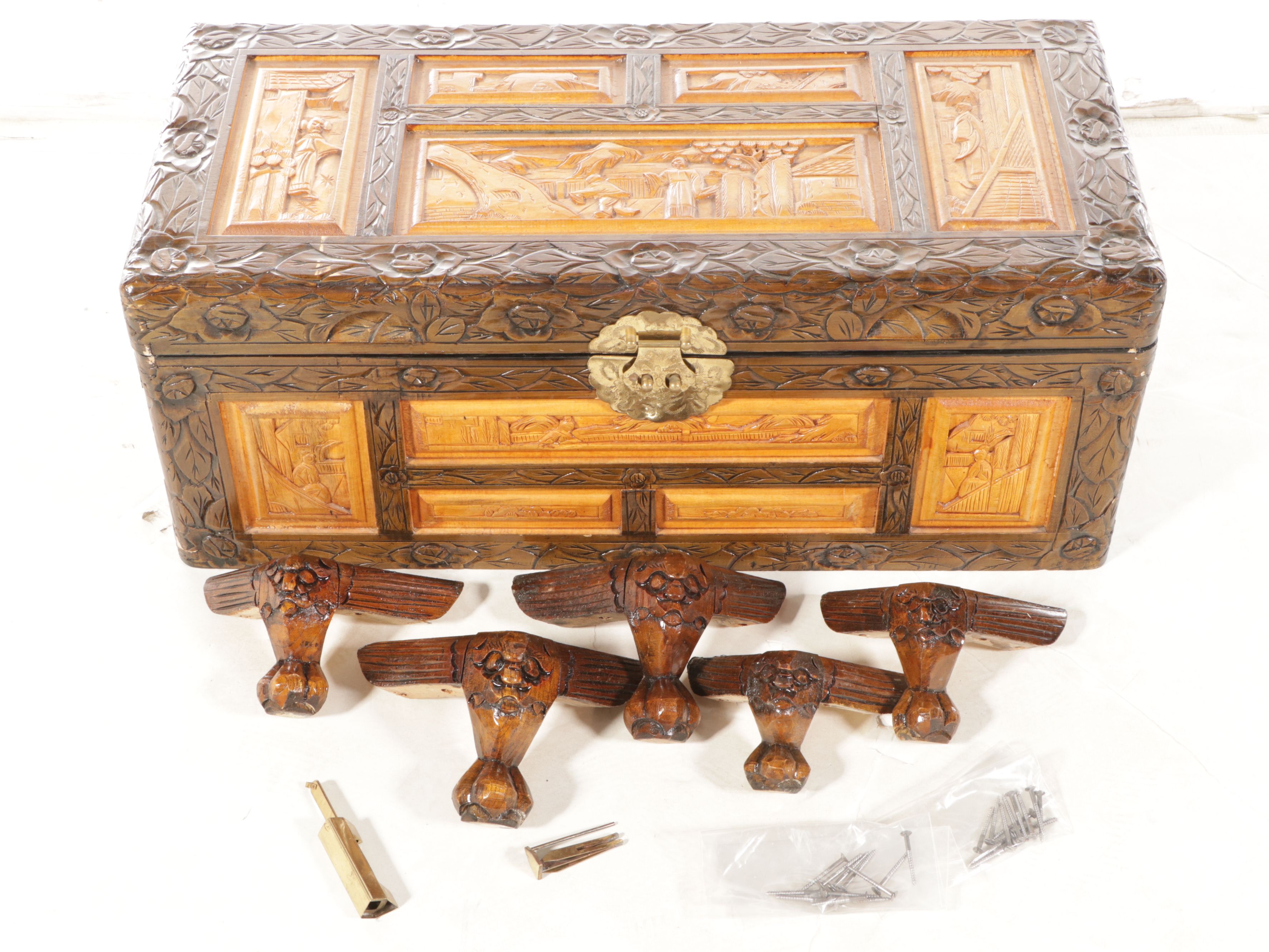 Three Graduated Chinese Style Carved Tropical Hardwood Chests