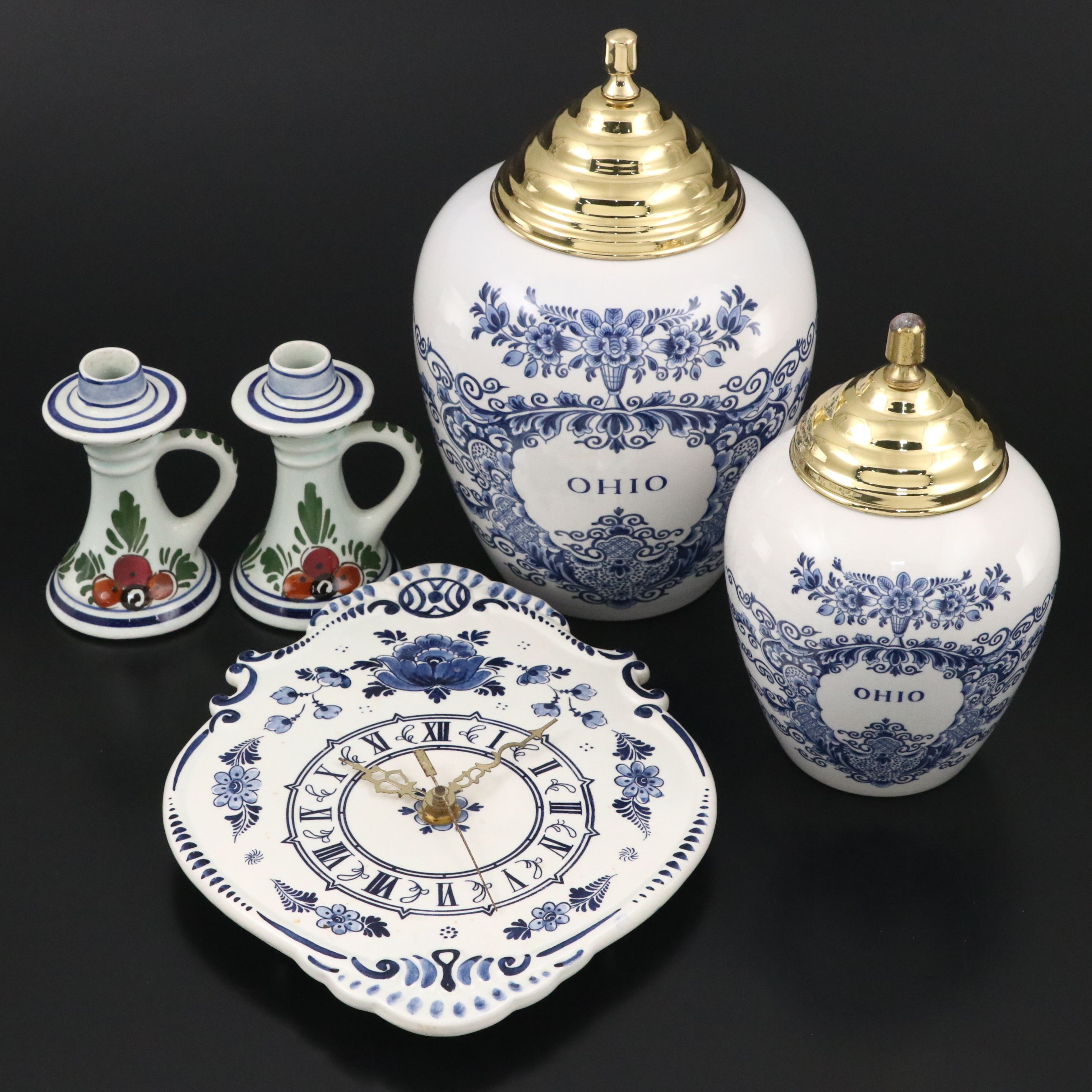 Royal Goedewaagen "Ohio" Canisters with Other Delft Candlesticks and Clock