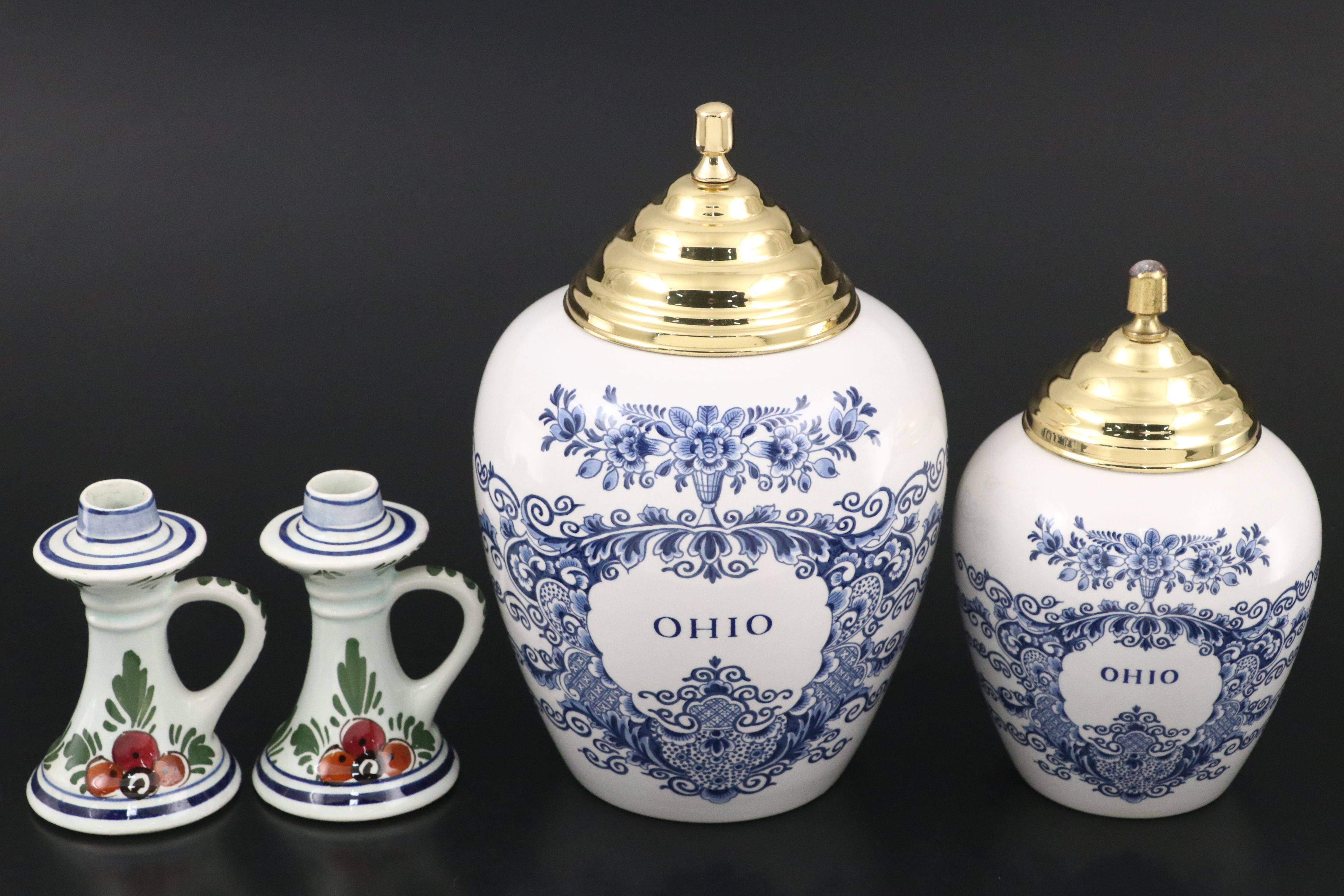 Royal Goedewaagen "Ohio" Canisters with Other Delft Candlesticks and Clock