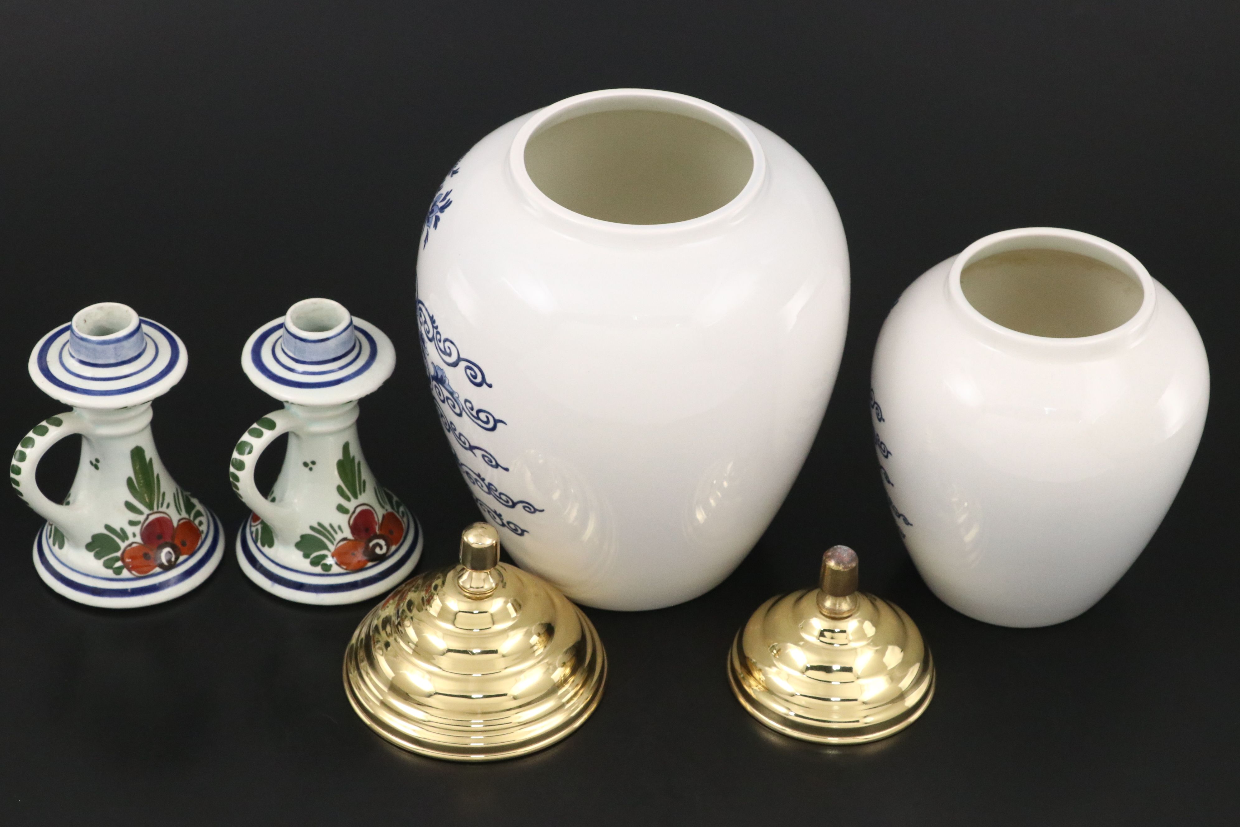 Royal Goedewaagen "Ohio" Canisters with Other Delft Candlesticks and Clock