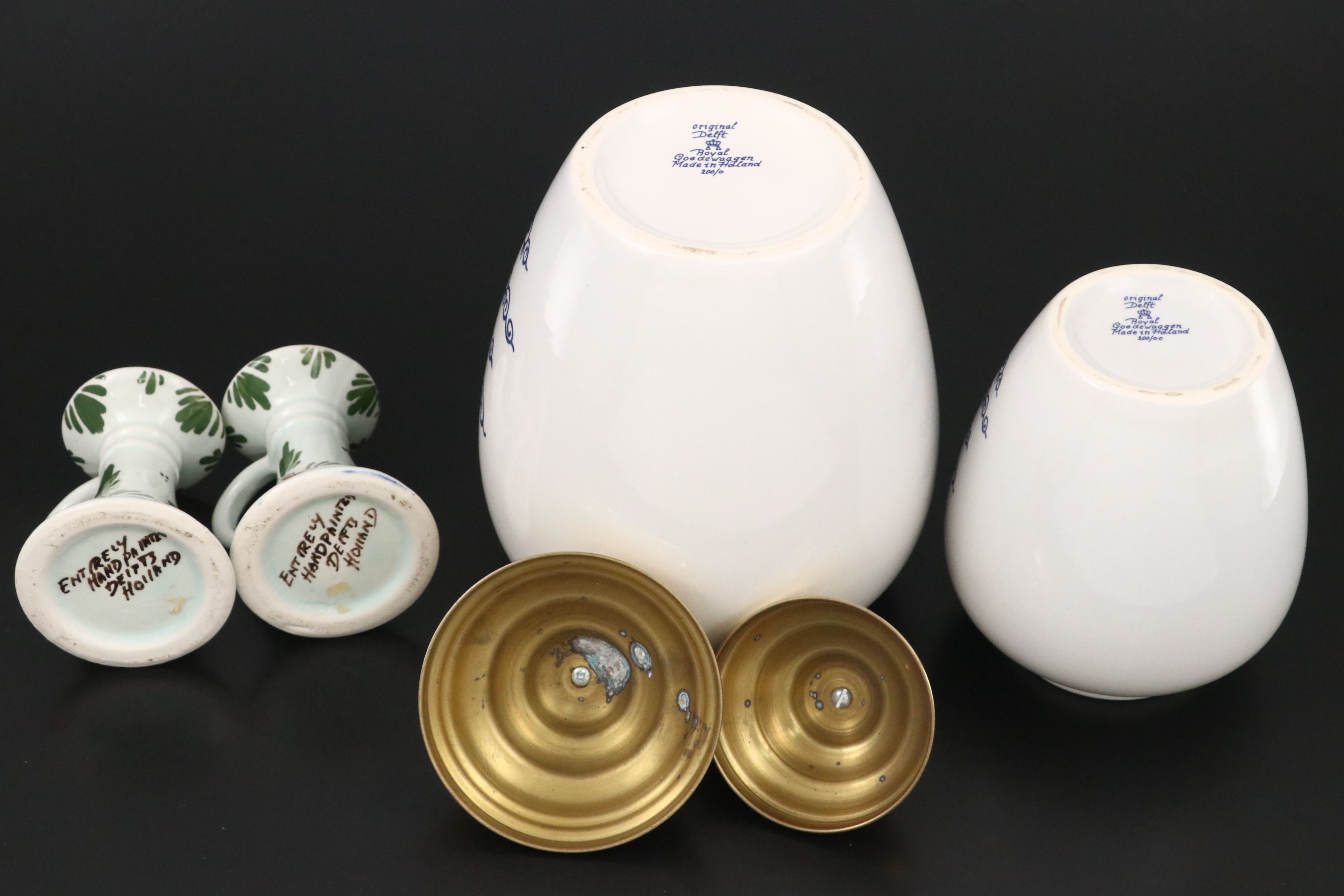 Royal Goedewaagen "Ohio" Canisters with Other Delft Candlesticks and Clock