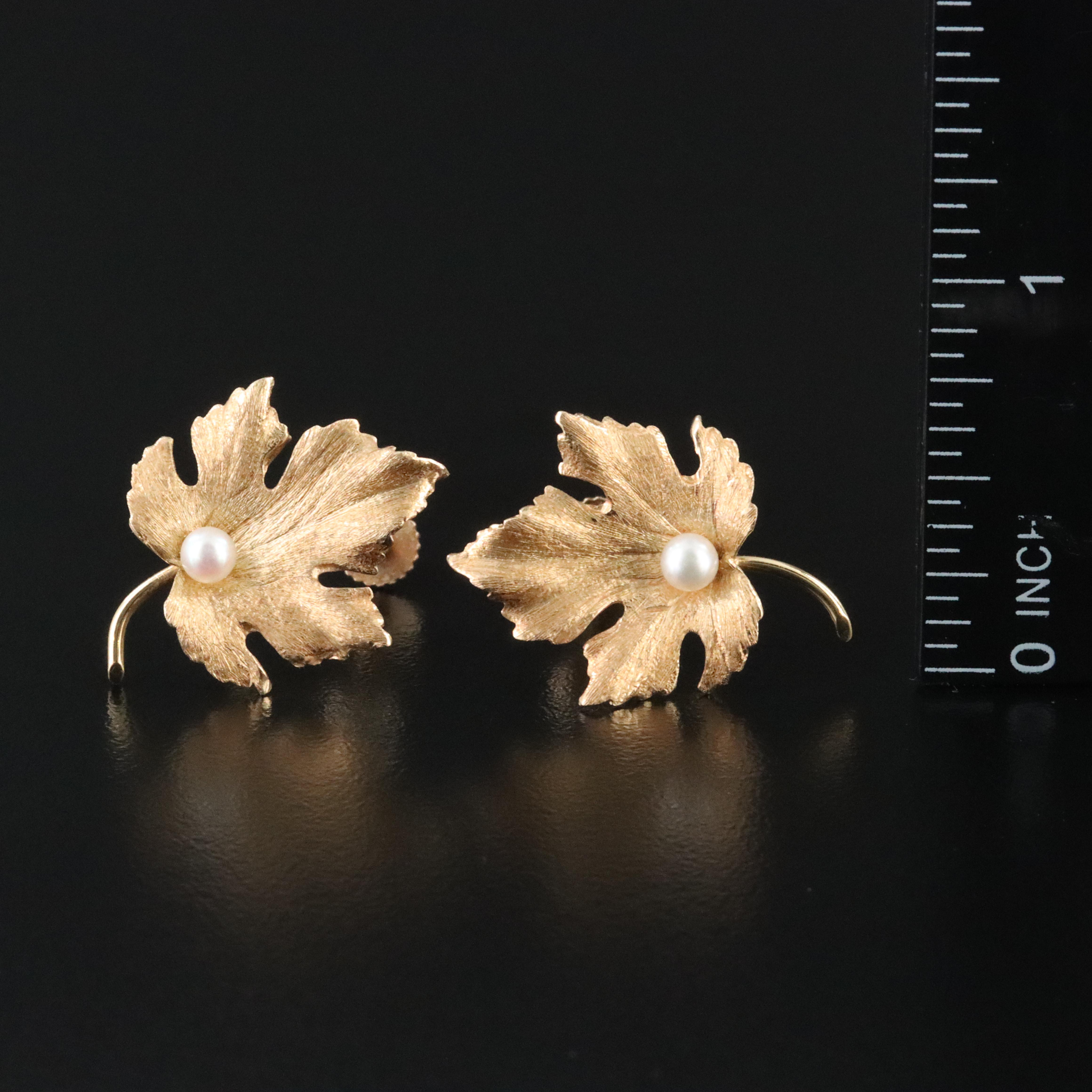 Vintage 14K Pearl Maple Leaf Brooch and Earrings Set