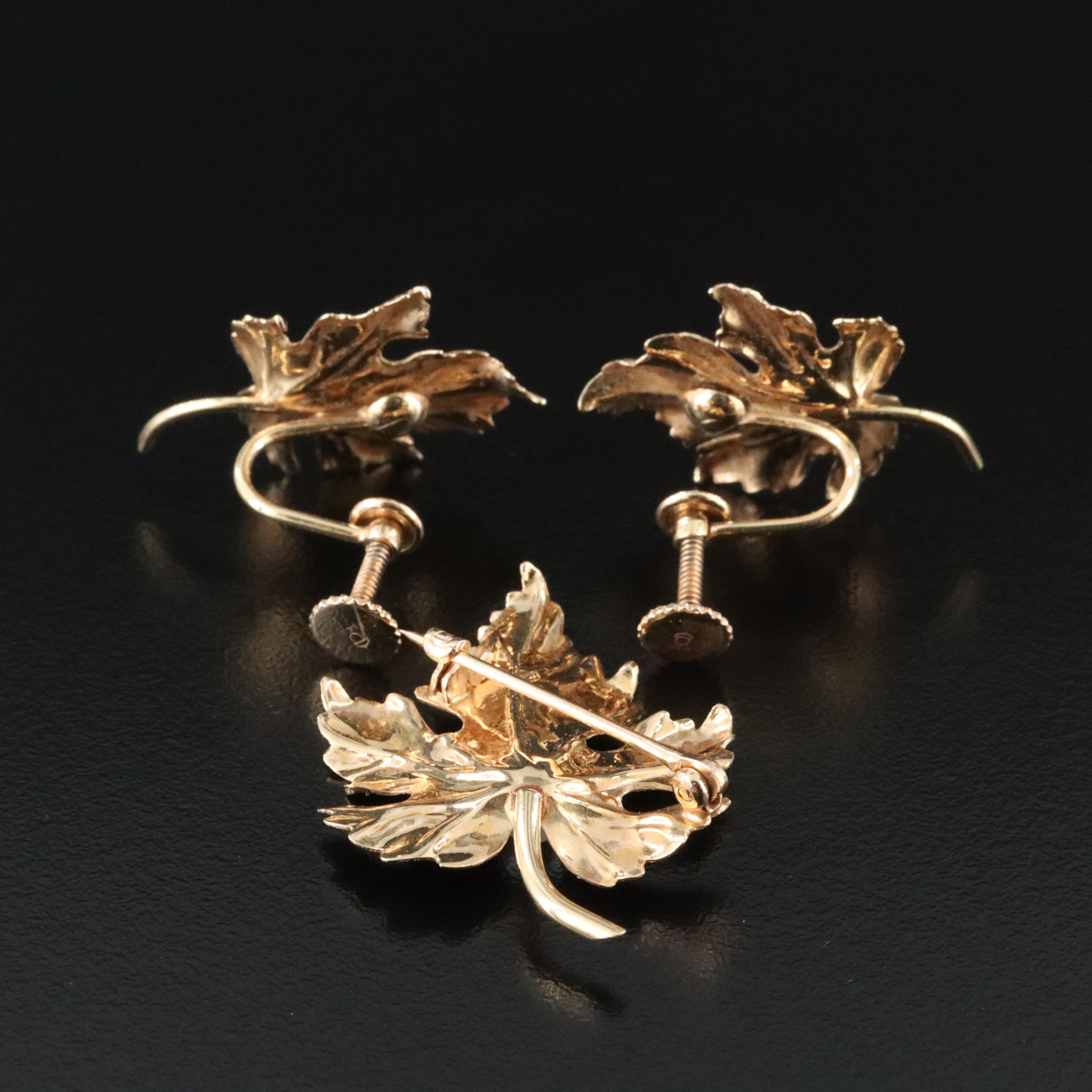 Vintage 14K Pearl Maple Leaf Brooch and Earrings Set