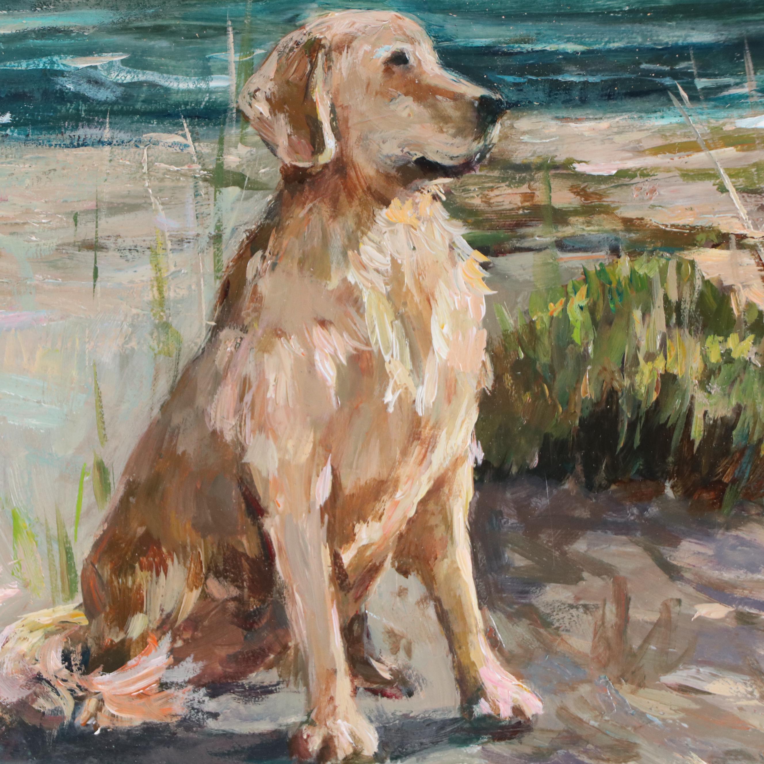 Adam Deda Beach Landscape Oil Painting of Golden Retriever "On a Summer Day"