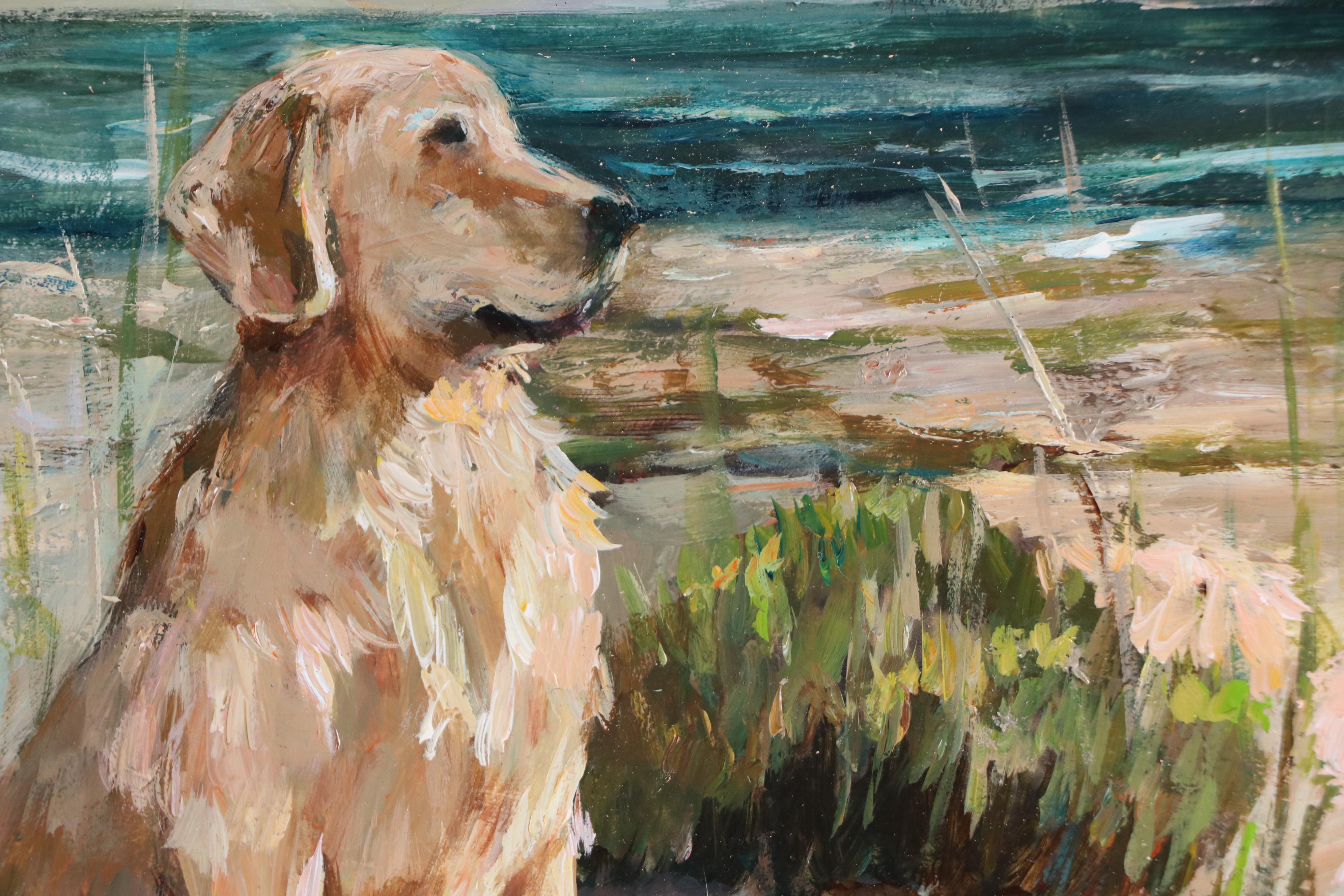 Adam Deda Beach Landscape Oil Painting of Golden Retriever "On a Summer Day"
