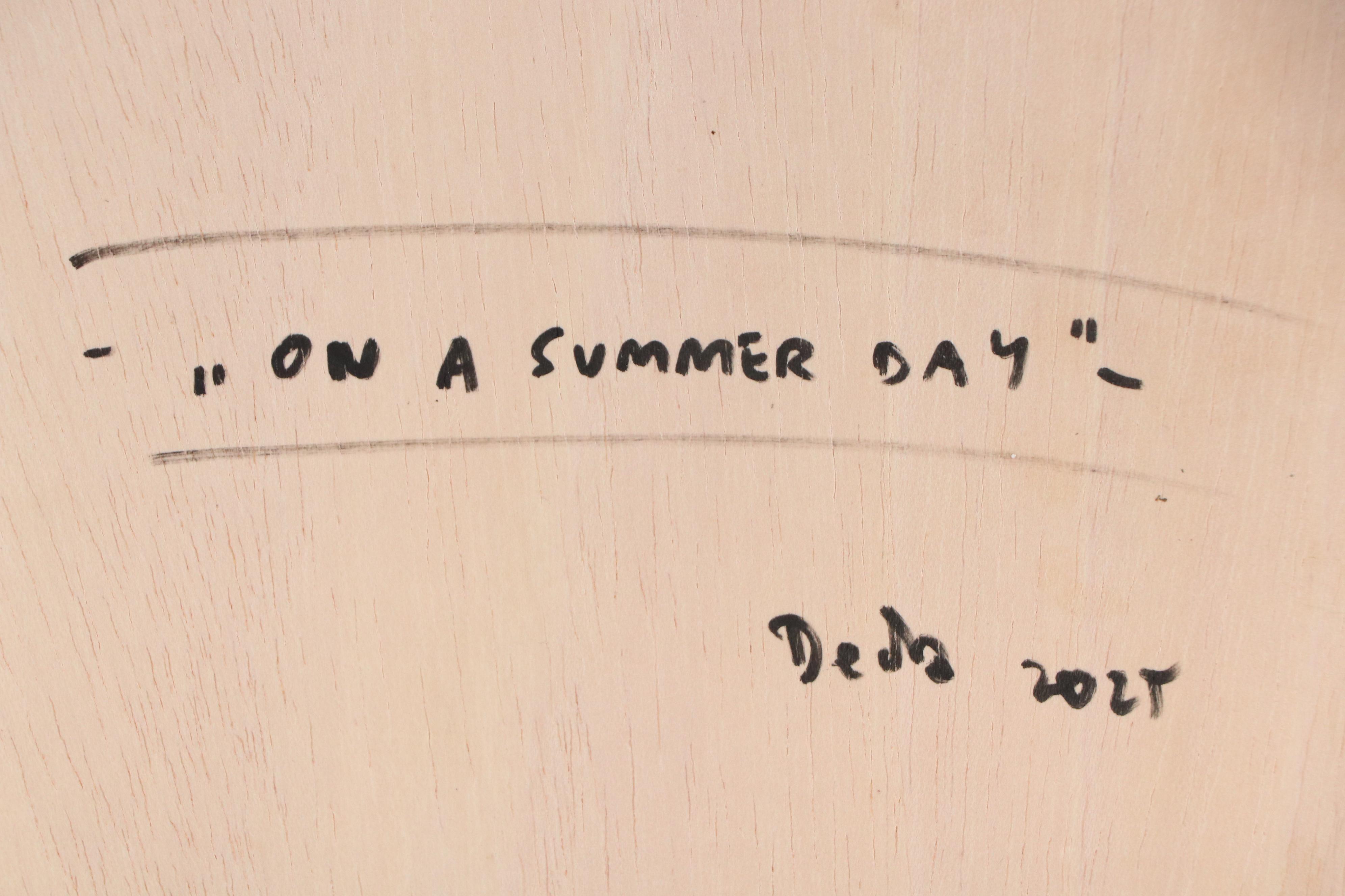 Adam Deda Beach Landscape Oil Painting of Golden Retriever "On a Summer Day"