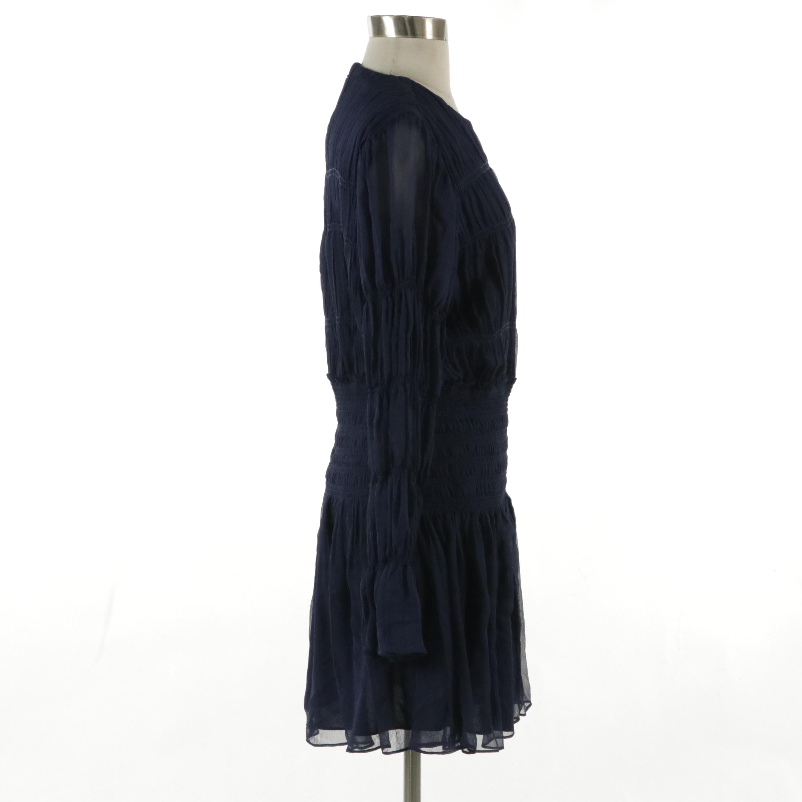 Jason Wu Navy Blue Smocked Silk Chiffon Mini Dress