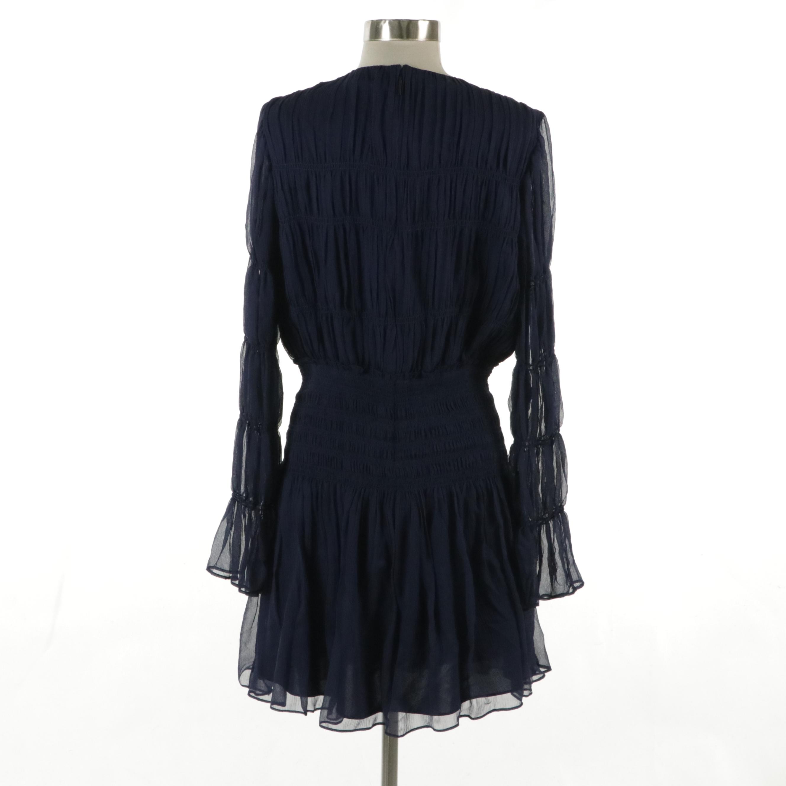 Jason Wu Navy Blue Smocked Silk Chiffon Mini Dress
