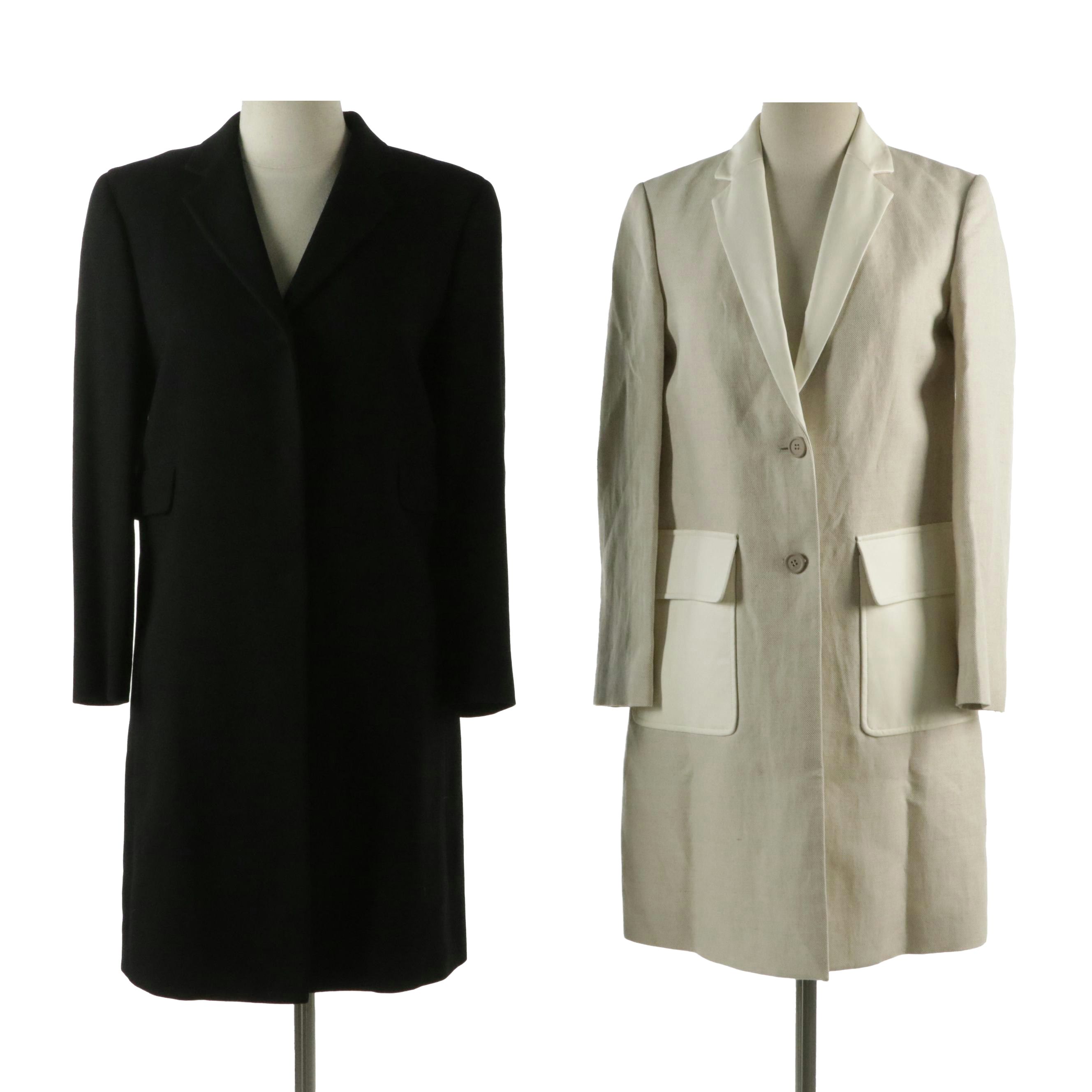 Manrico Black Cashmere Coat, Theory Linen Blazer Jacket with Faux Leather Trim