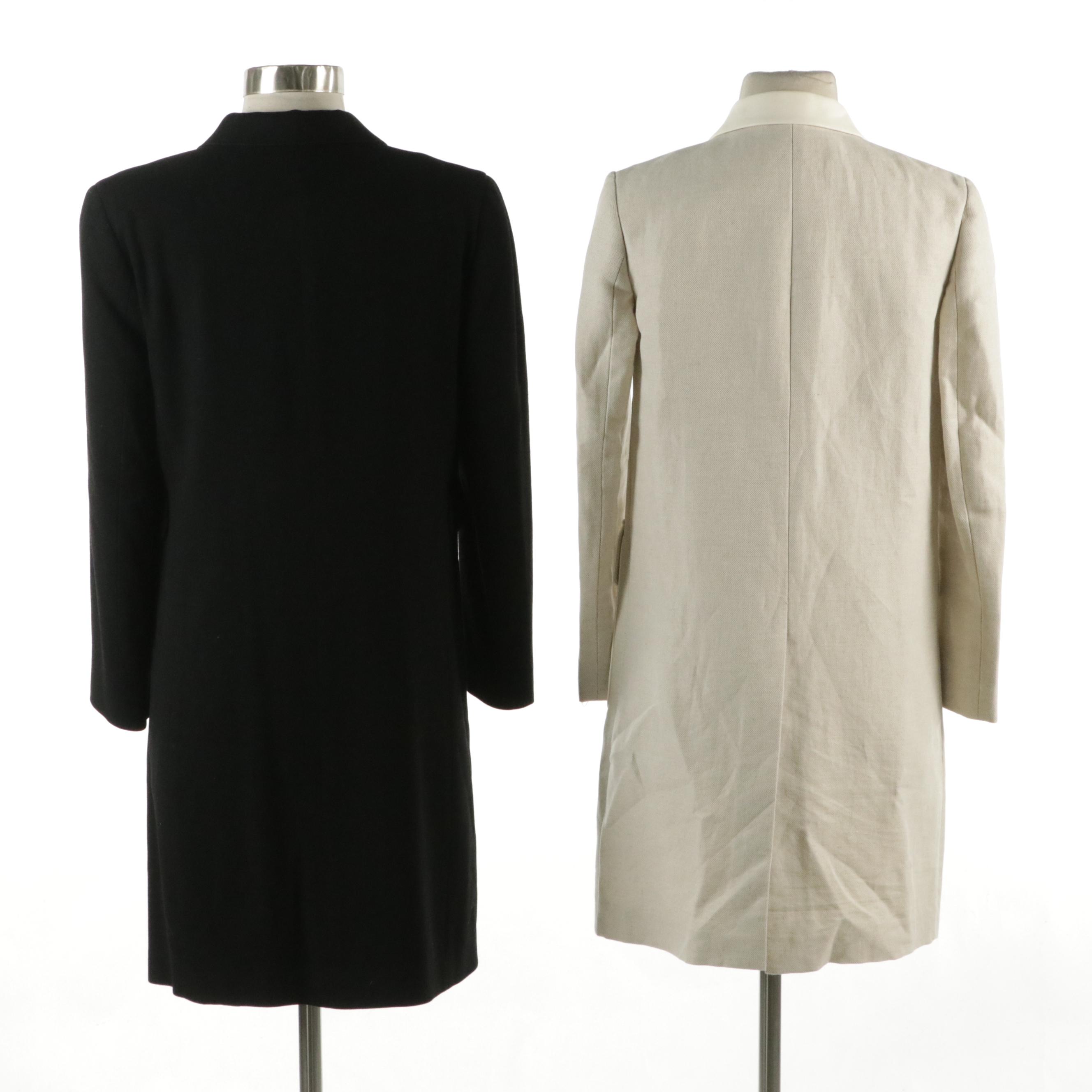 Manrico Black Cashmere Coat, Theory Linen Blazer Jacket with Faux Leather Trim