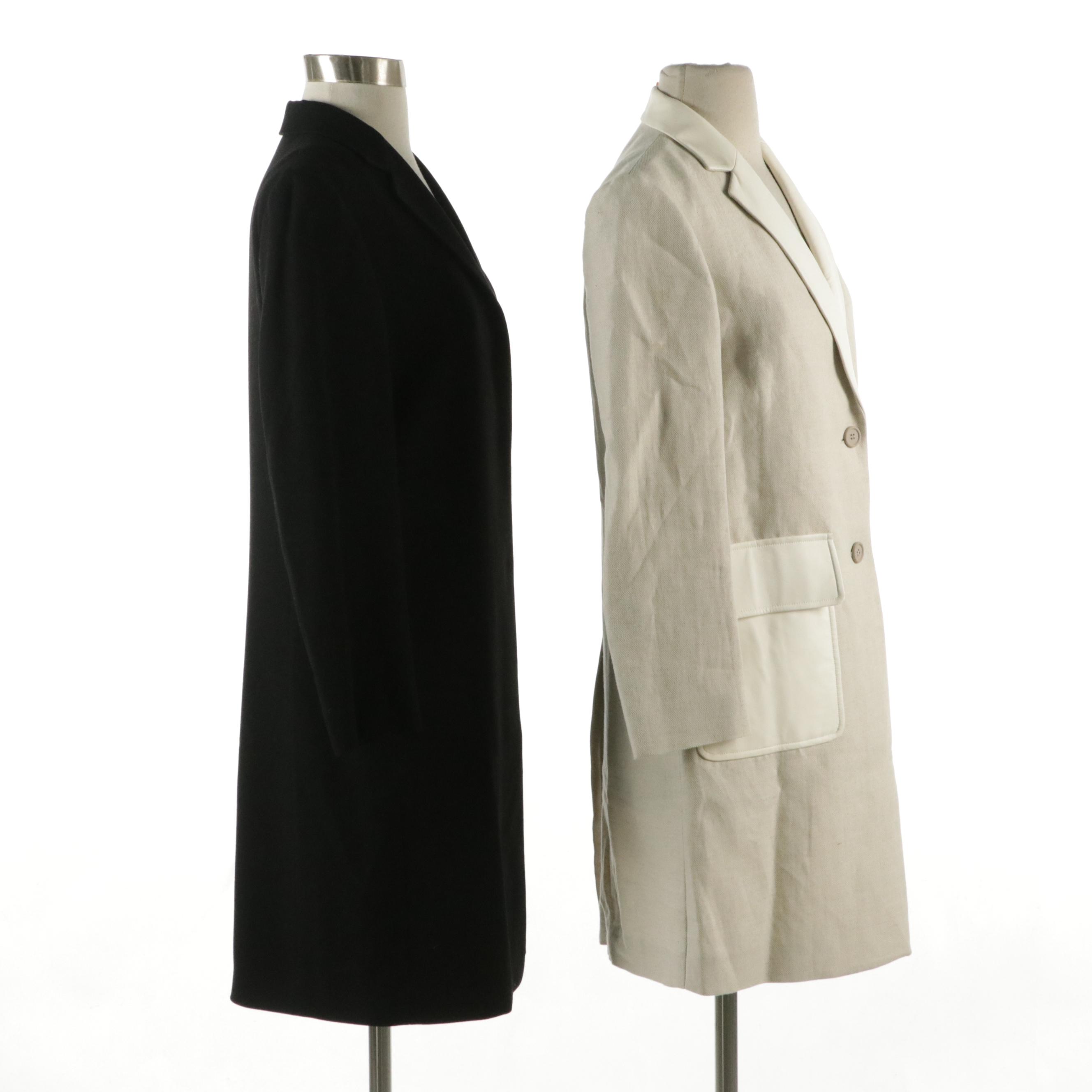 Manrico Black Cashmere Coat, Theory Linen Blazer Jacket with Faux Leather Trim