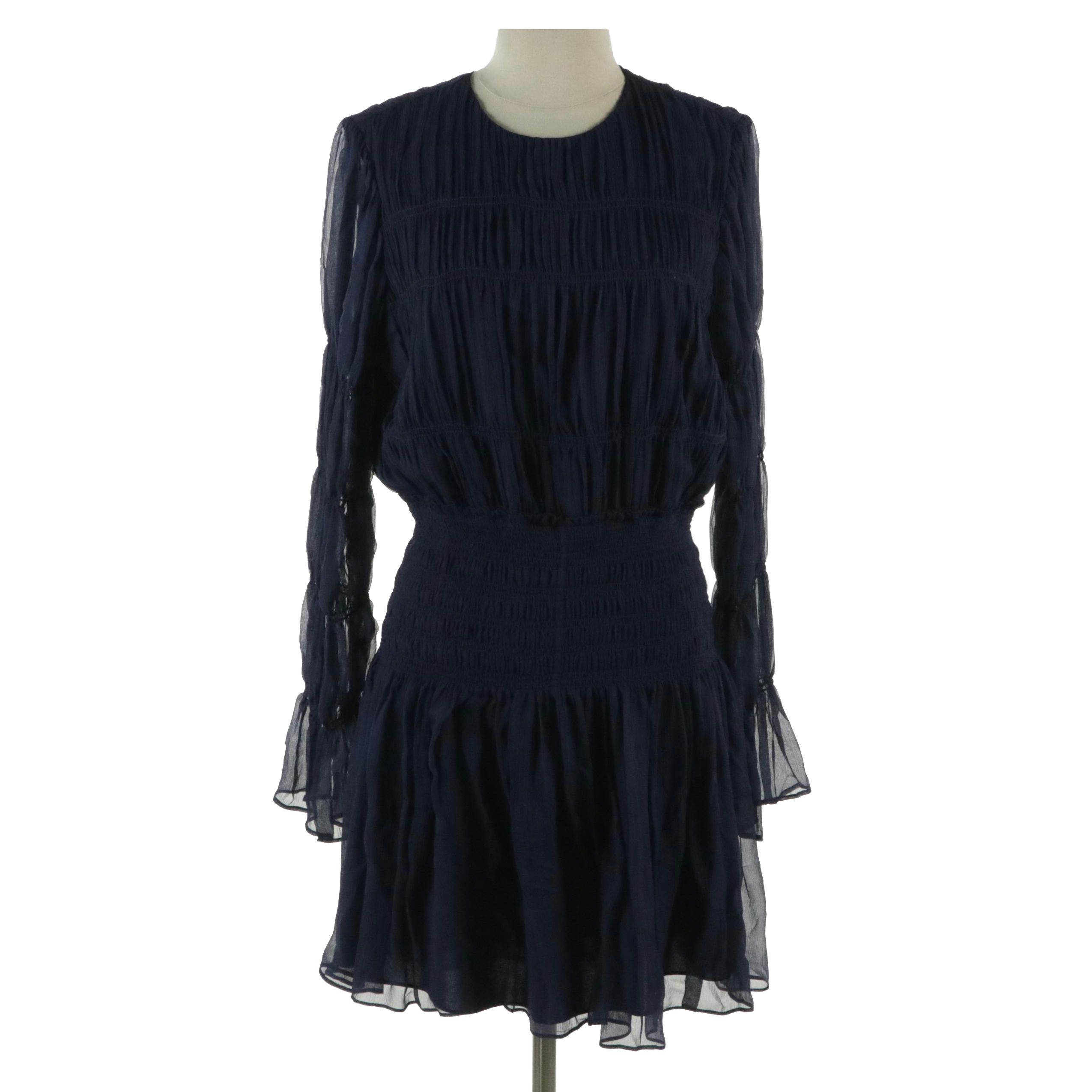 Jason Wu Navy Blue Smocked Silk Chiffon Mini Dress