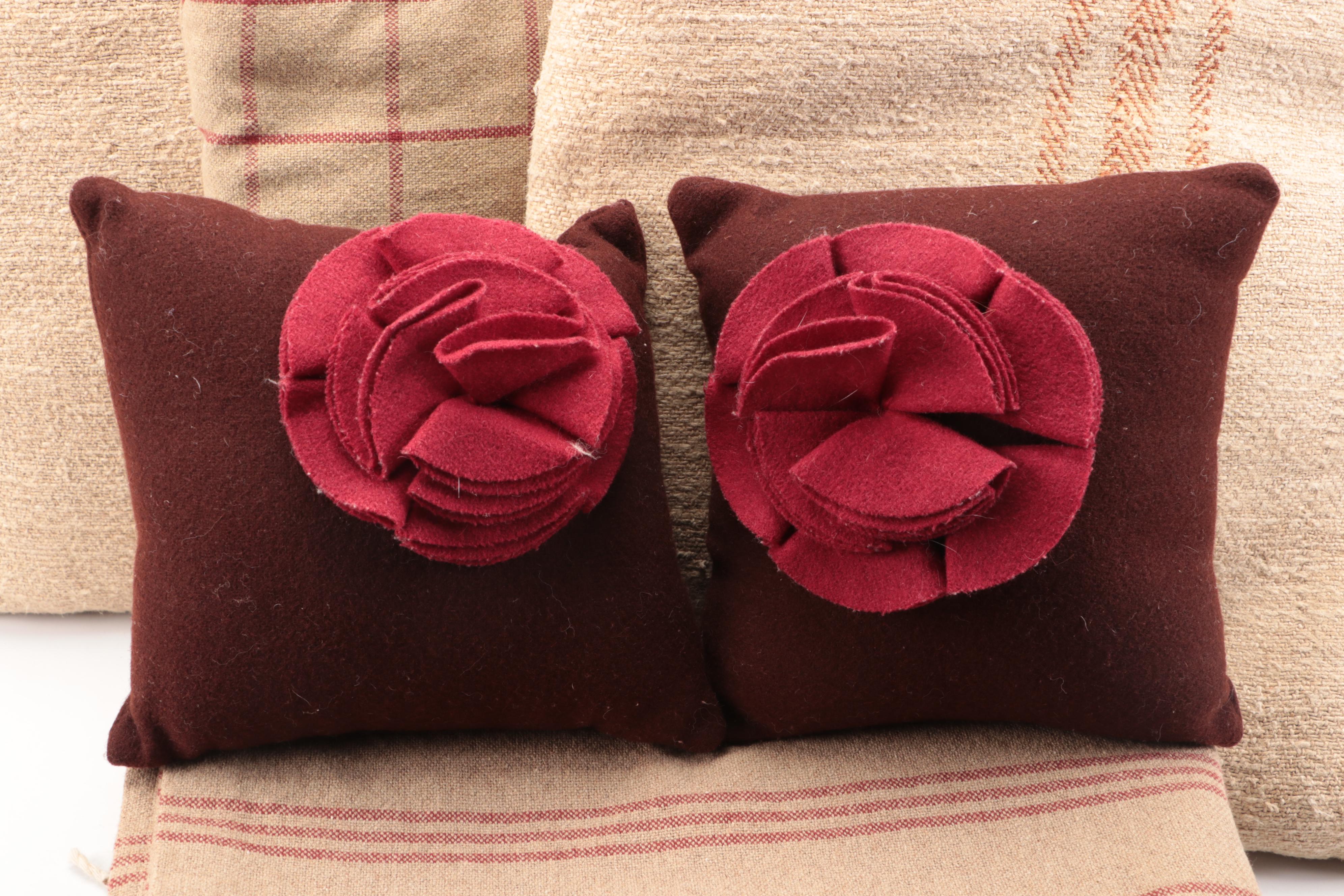 Pair of Felt Rose Pillows, Tobacco Linen Accent Pillows and Heavy Cotton Throws