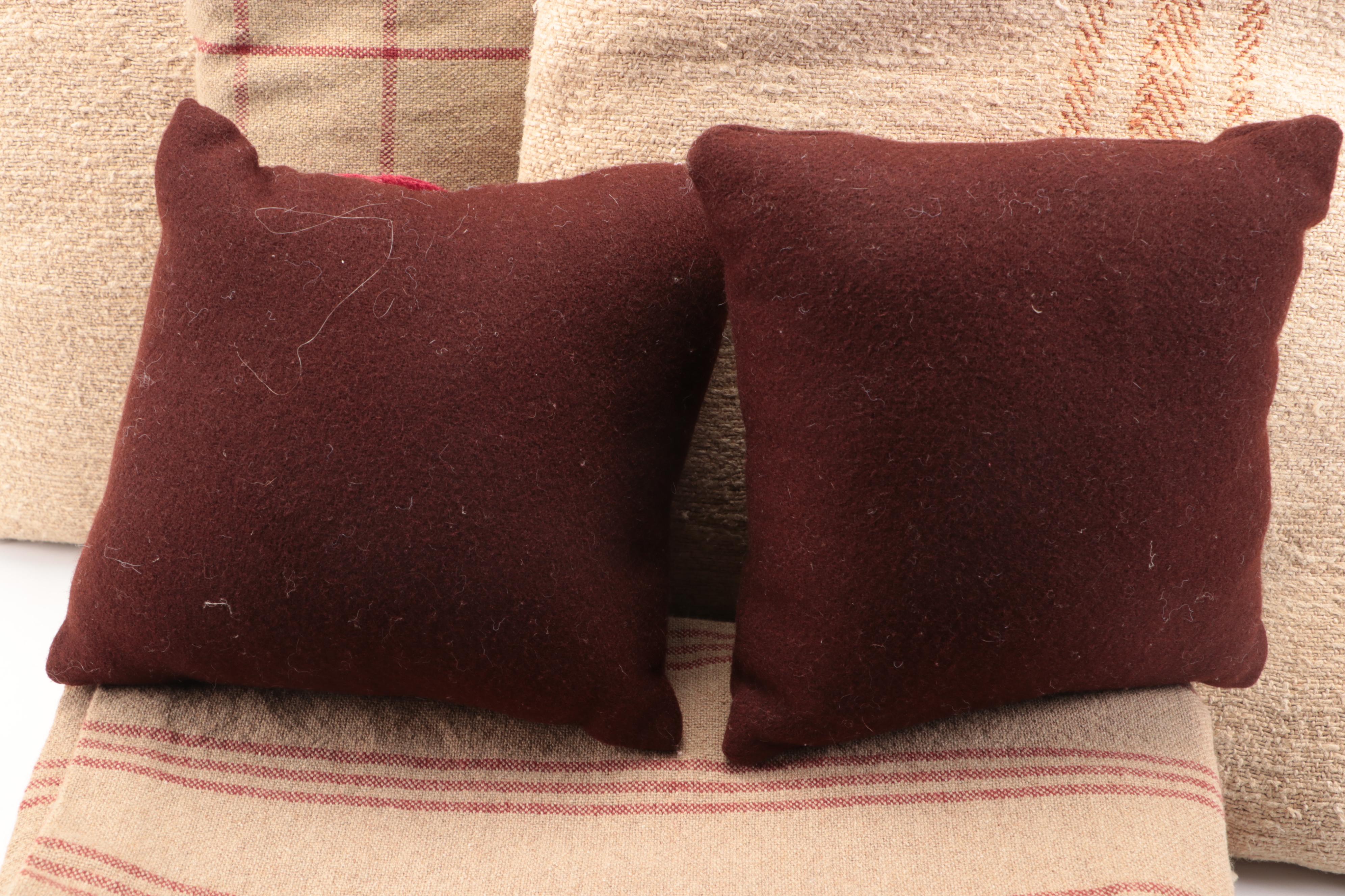 Pair of Felt Rose Pillows, Tobacco Linen Accent Pillows and Heavy Cotton Throws