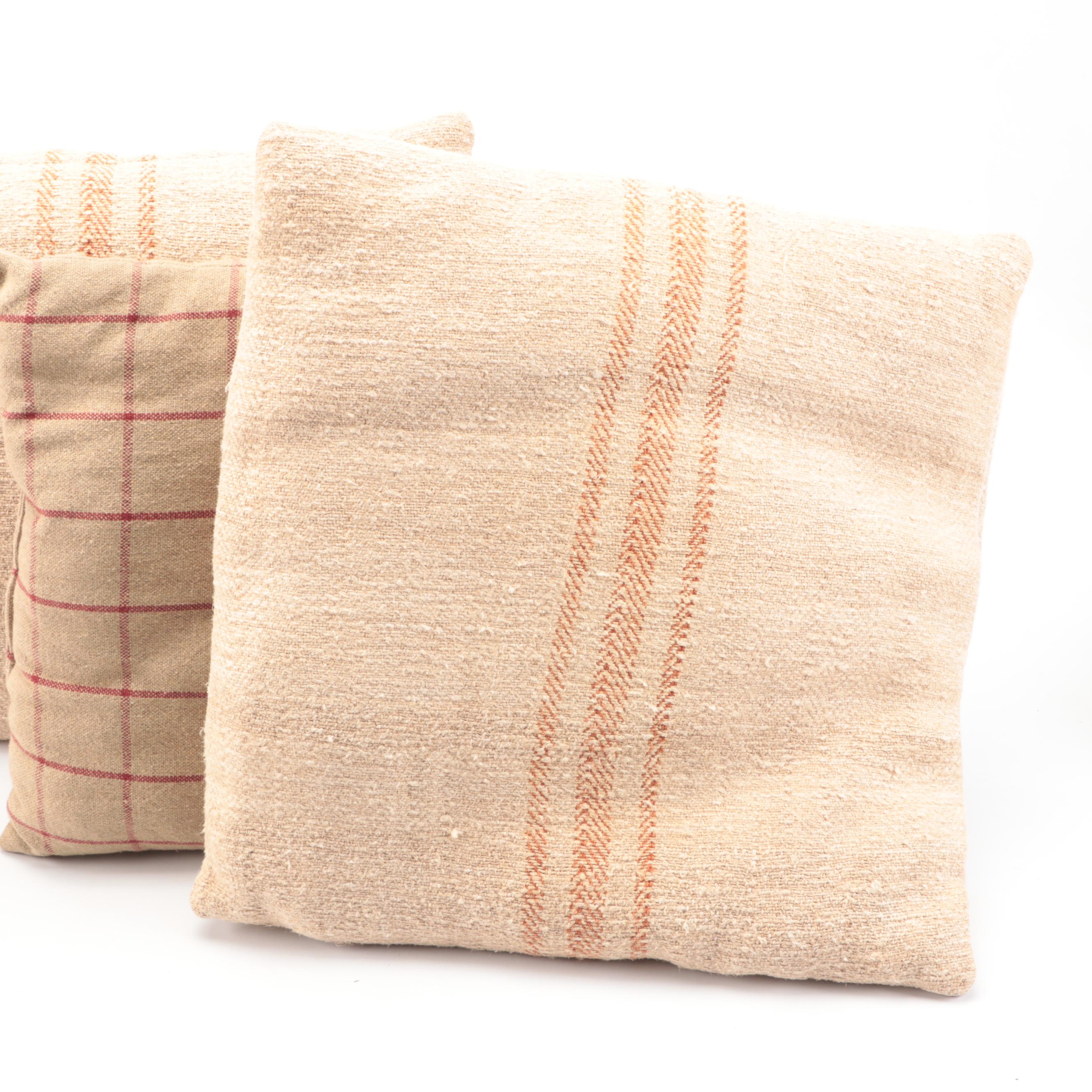 Pair of Felt Rose Pillows, Tobacco Linen Accent Pillows and Heavy Cotton Throws