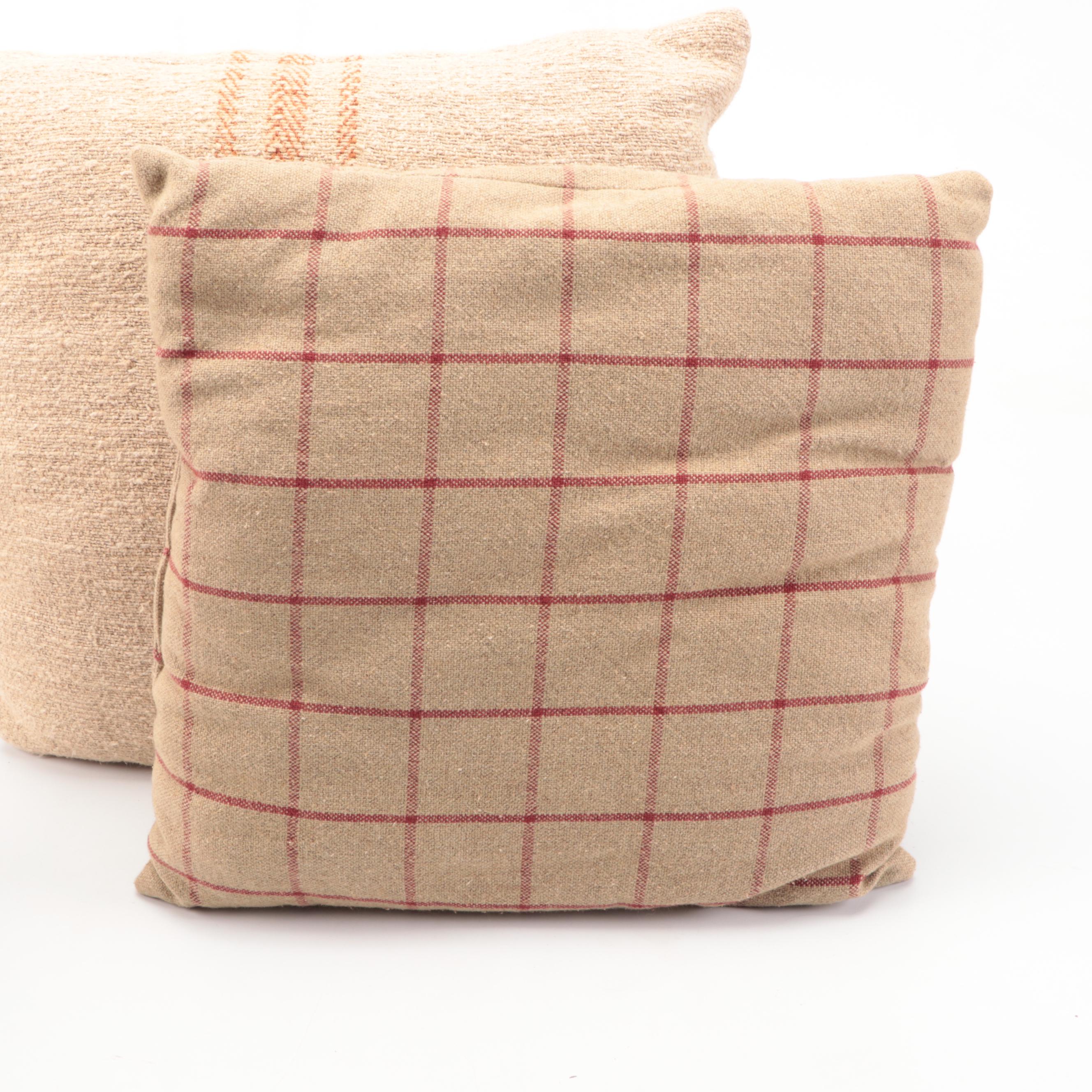 Pair of Felt Rose Pillows, Tobacco Linen Accent Pillows and Heavy Cotton Throws