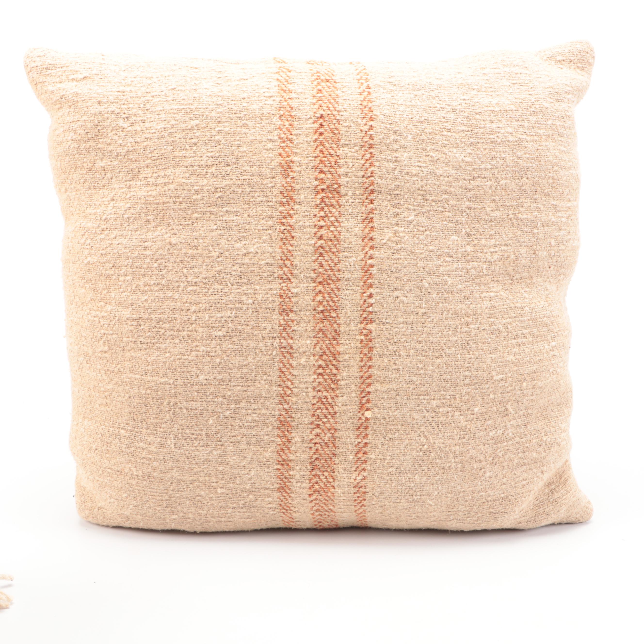 Pair of Felt Rose Pillows, Tobacco Linen Accent Pillows and Heavy Cotton Throws