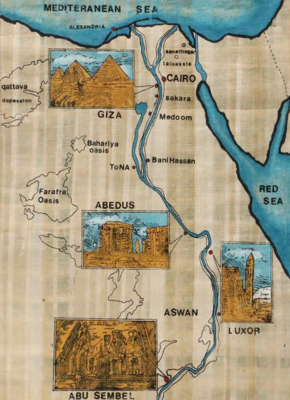 Egyptian Style Souvenir Papyrus Paintings of Nile River Map and Chariot Scene