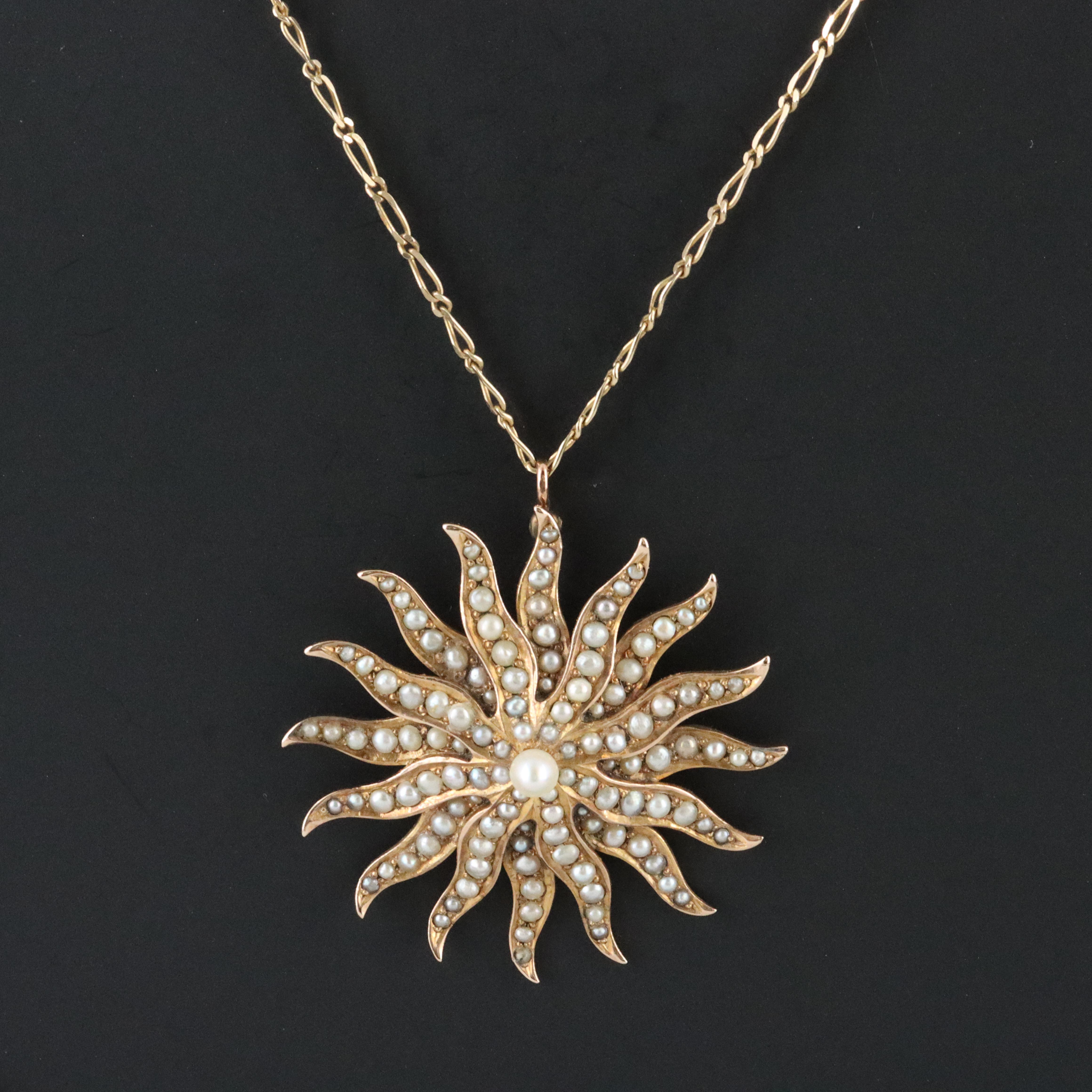 Antique 14K Pearl Sunburst Pendant Necklace