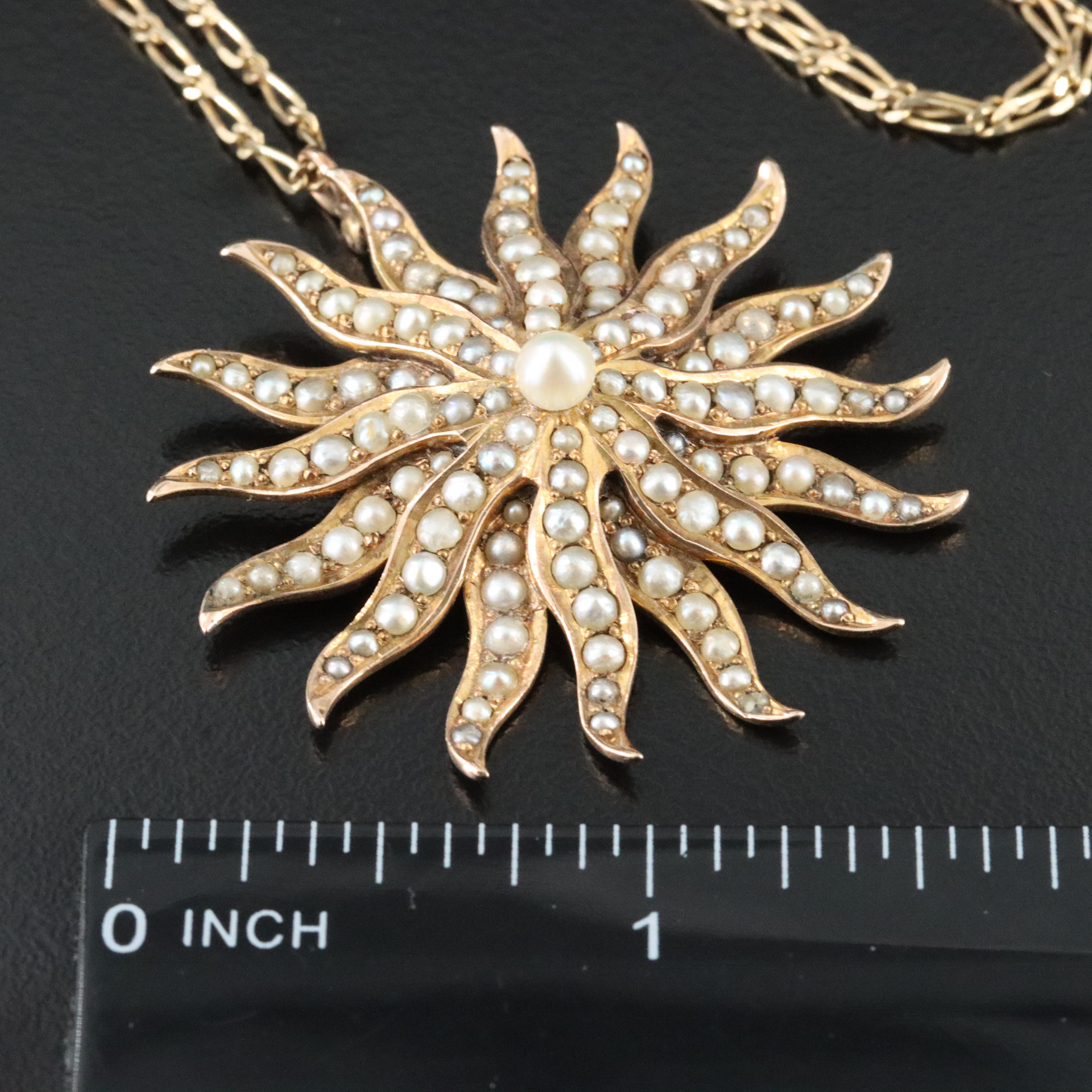 Antique 14K Pearl Sunburst Pendant Necklace