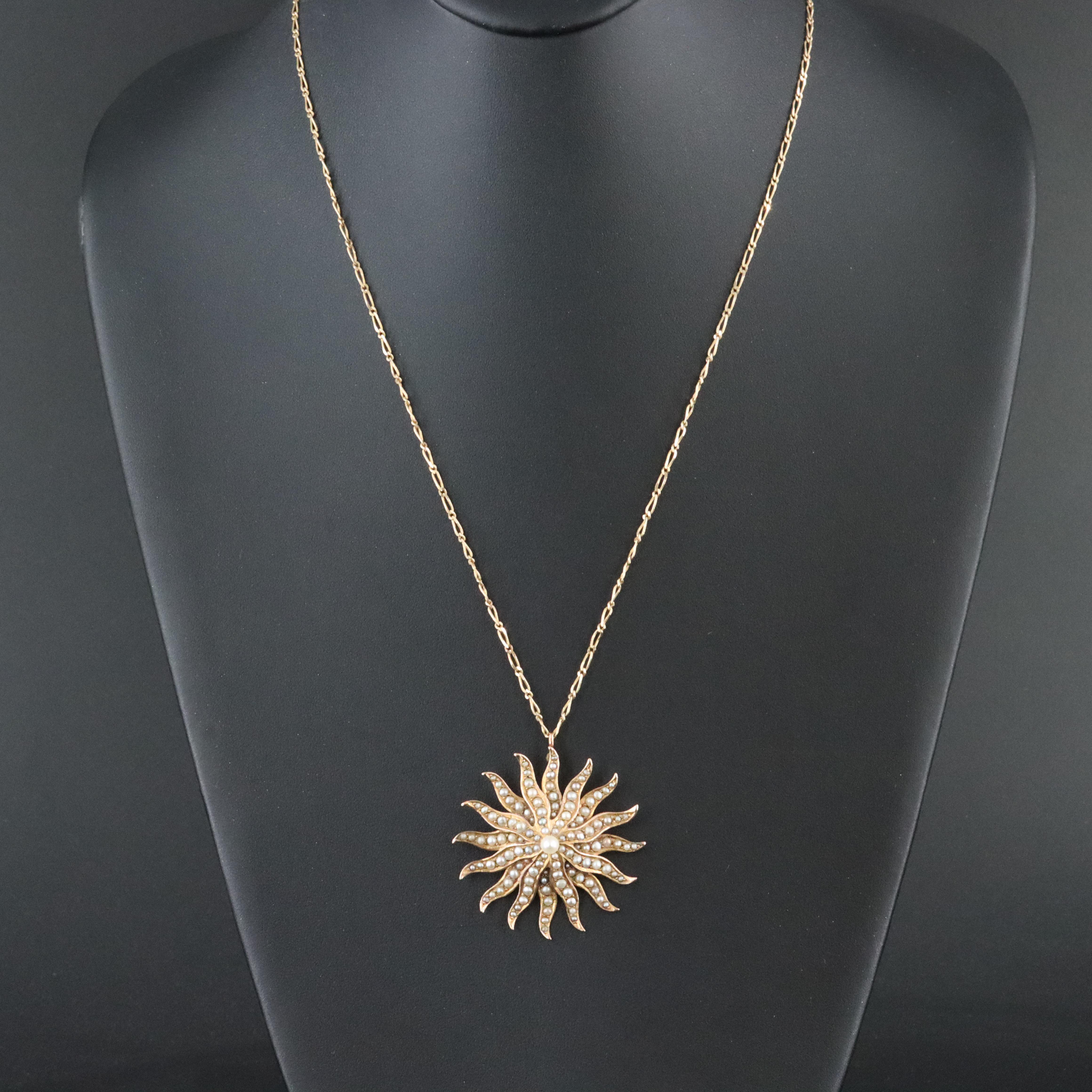 Antique 14K Pearl Sunburst Pendant Necklace