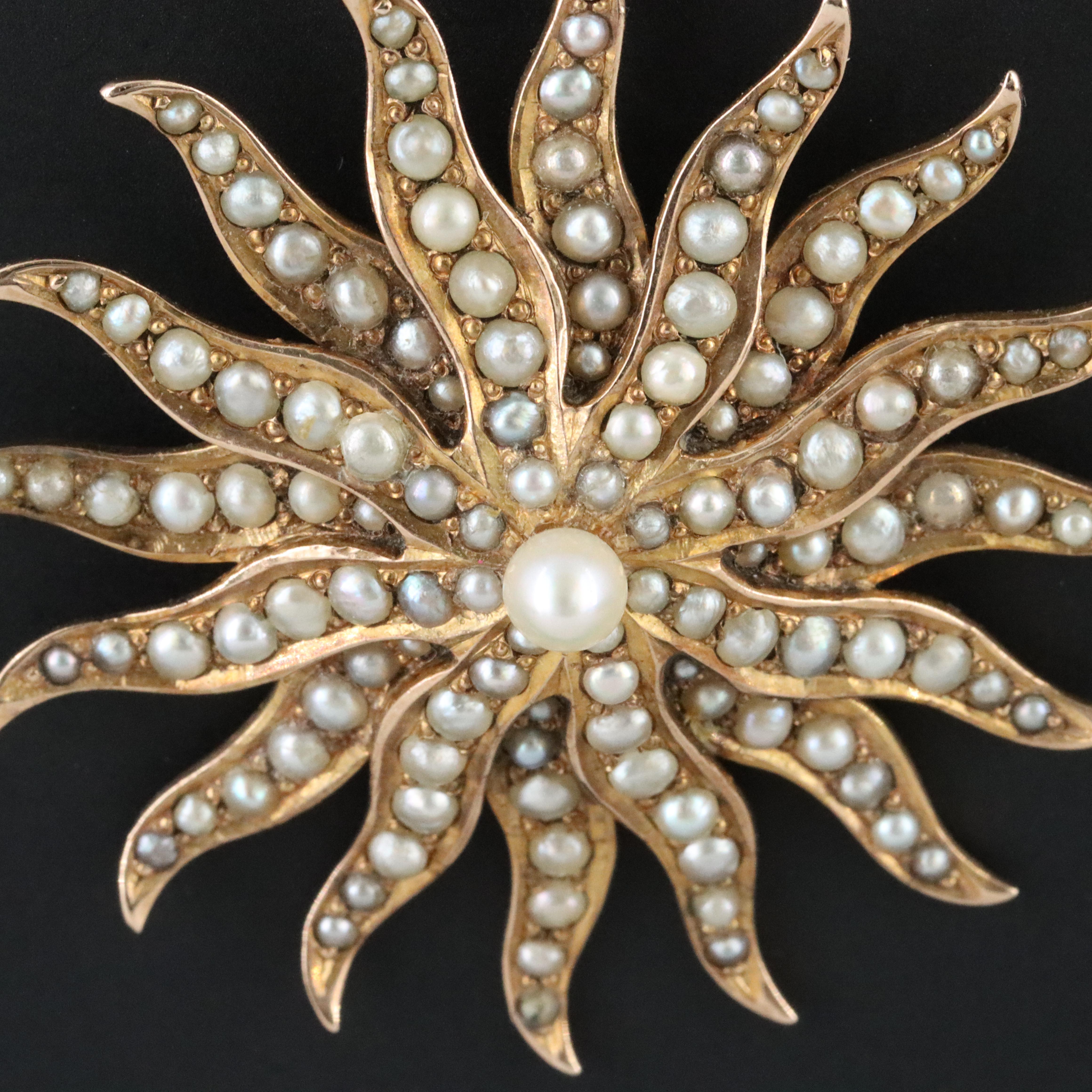 Antique 14K Pearl Sunburst Pendant Necklace