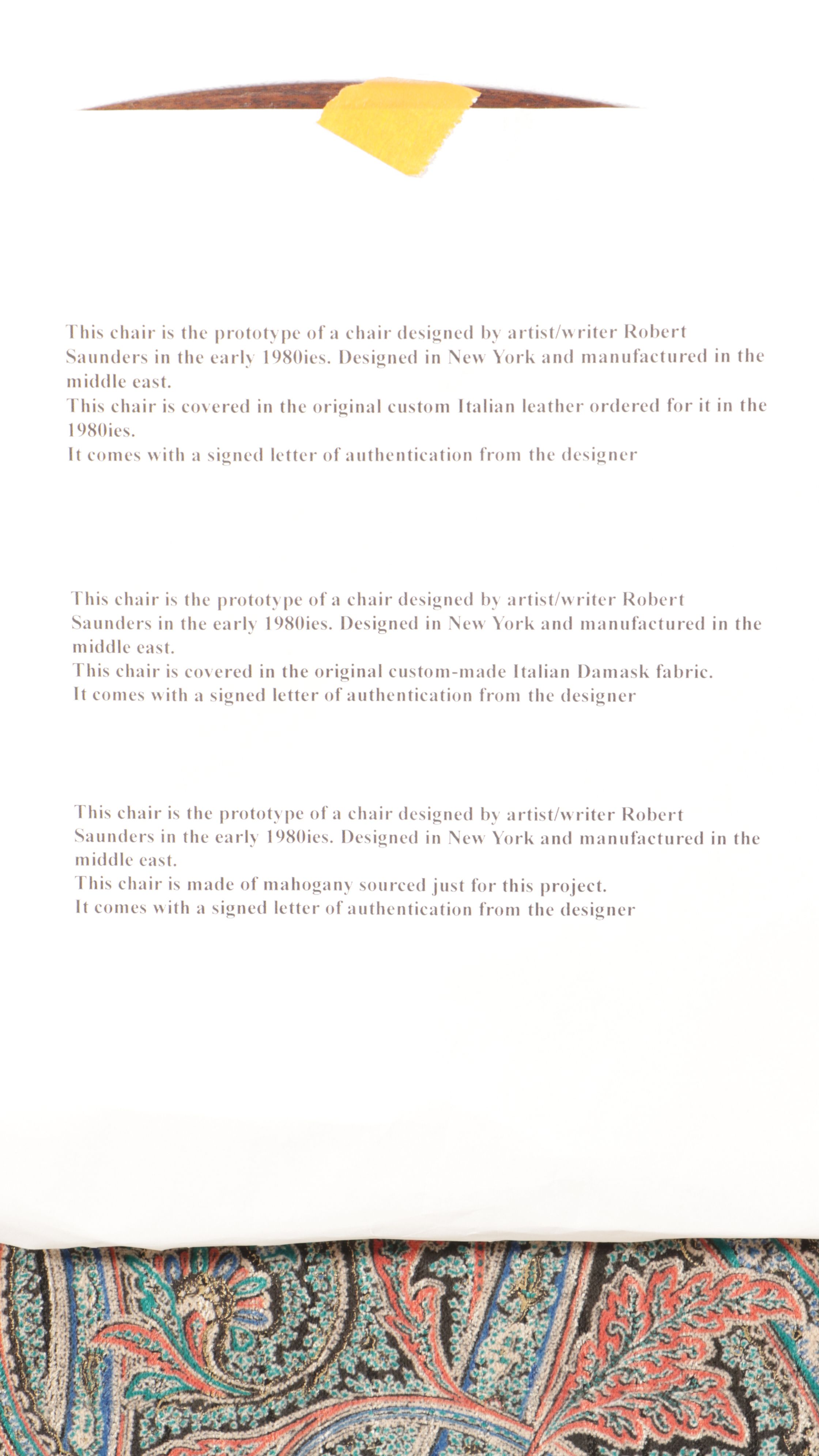 Robert Saunders Mahogany and Italian Damask Prototype Chair, 1980s