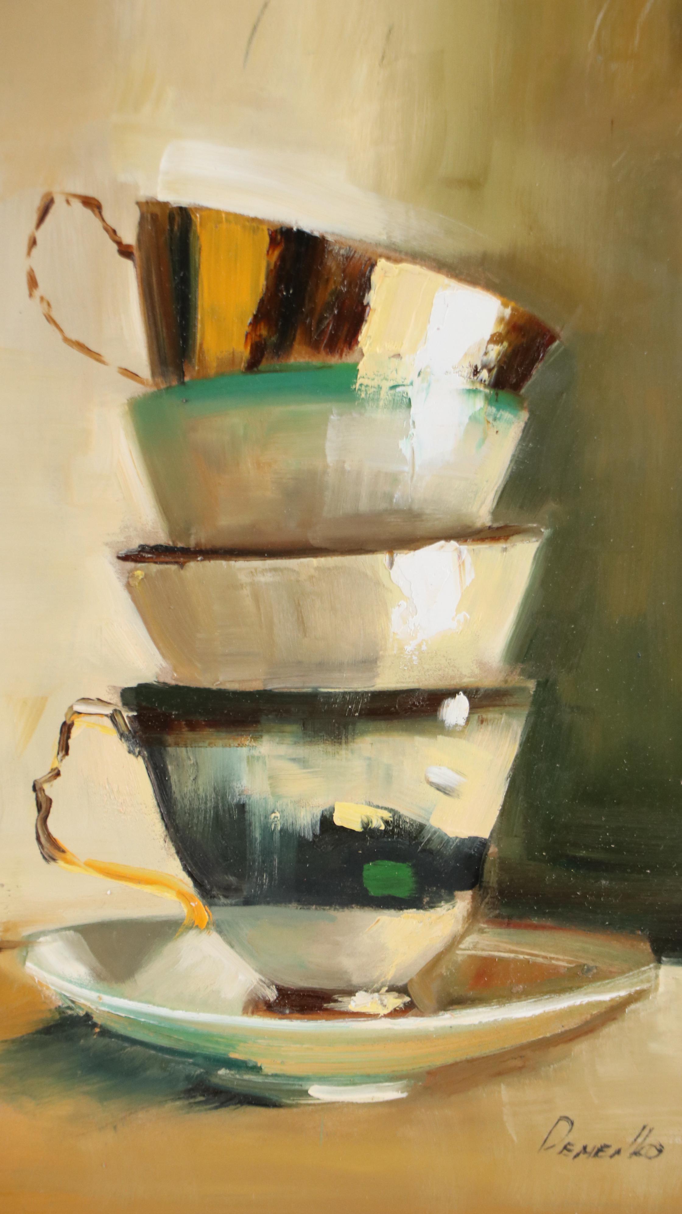 Natalie Demenko Still Life Oil Painting With Teacups, 21st Century