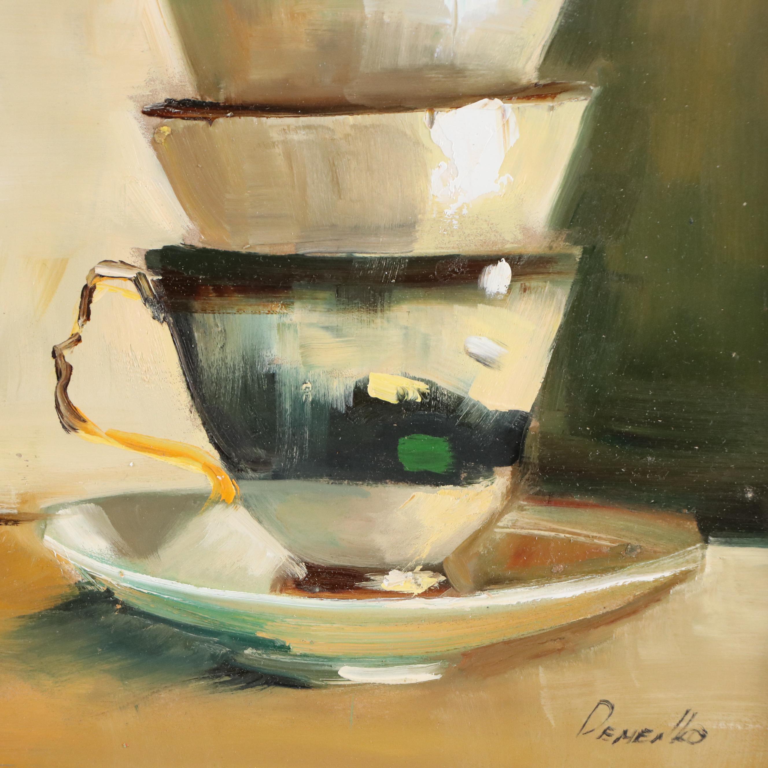 Natalie Demenko Still Life Oil Painting With Teacups, 21st Century