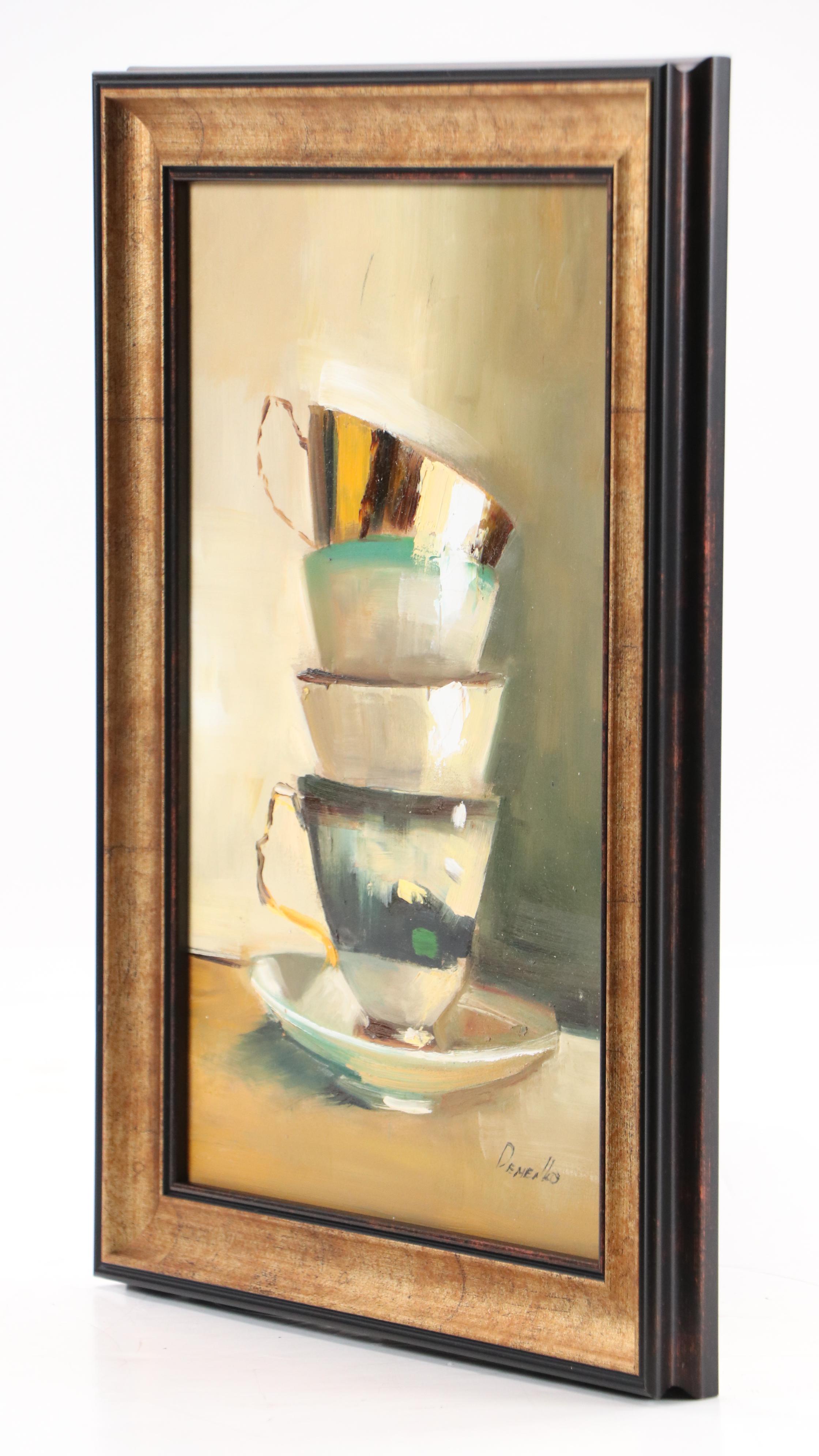 Natalie Demenko Still Life Oil Painting With Teacups, 21st Century