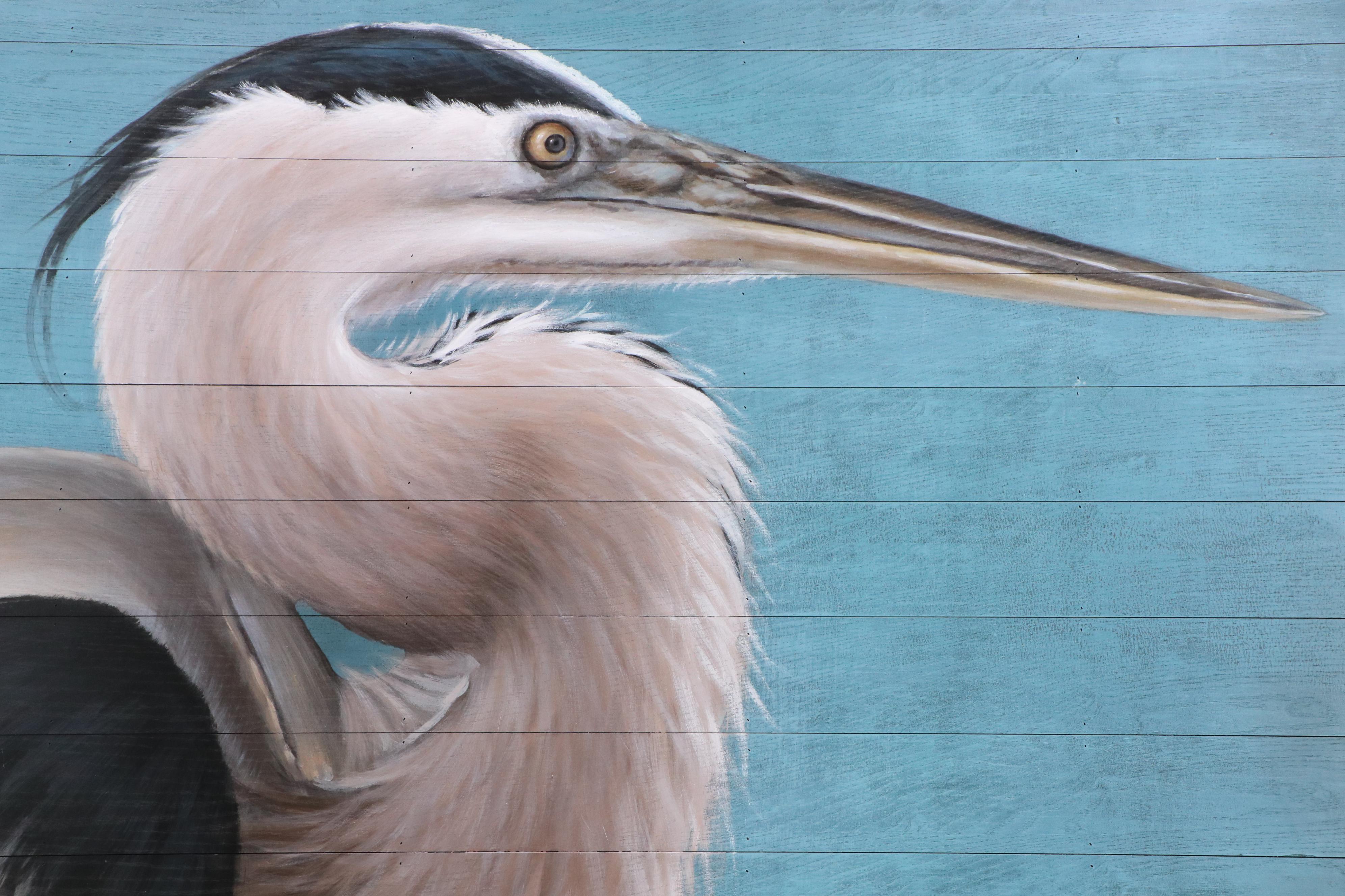 Vail Oil Painting on Wood "Heron on Blue," 2025
