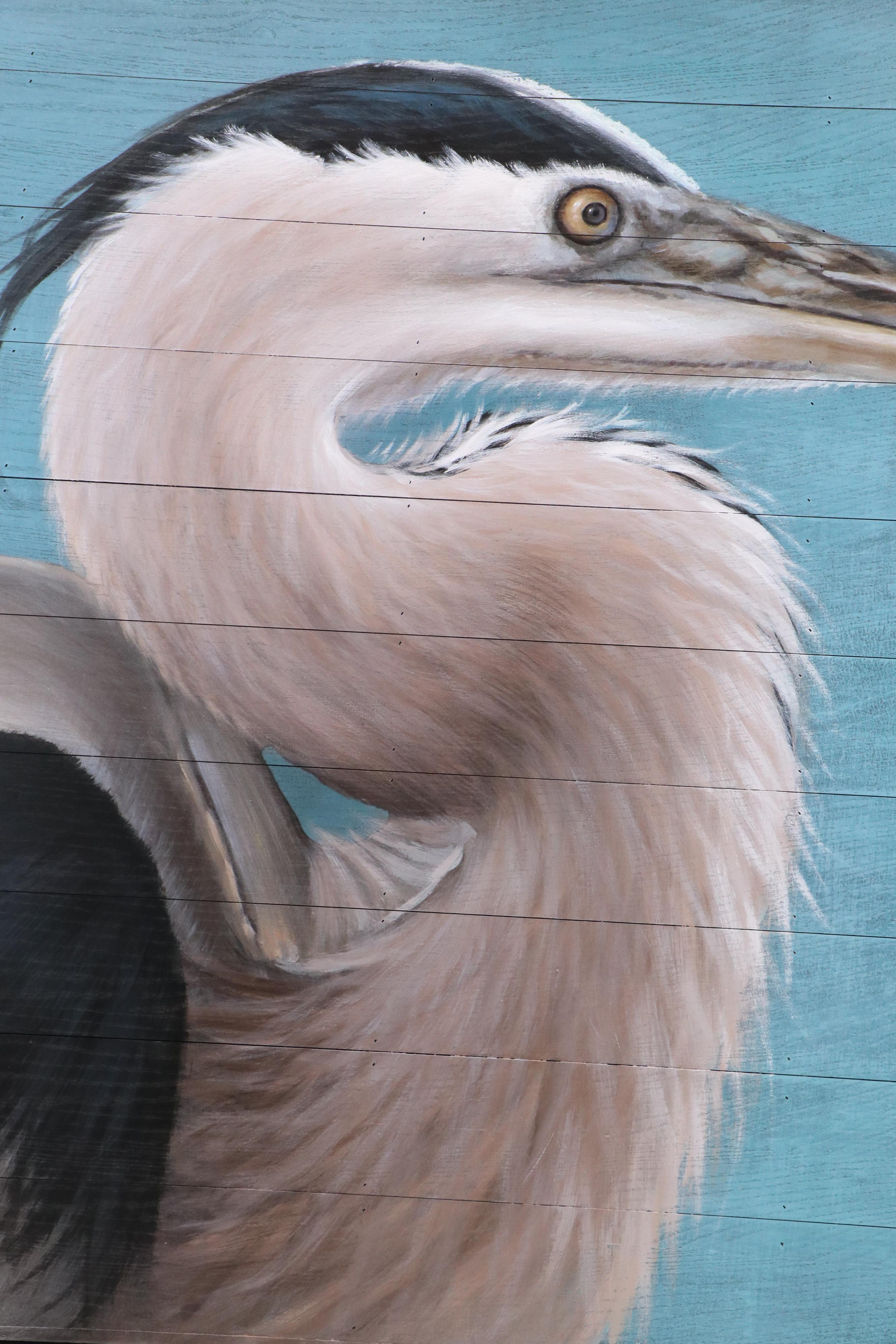 Vail Oil Painting on Wood "Heron on Blue," 2025