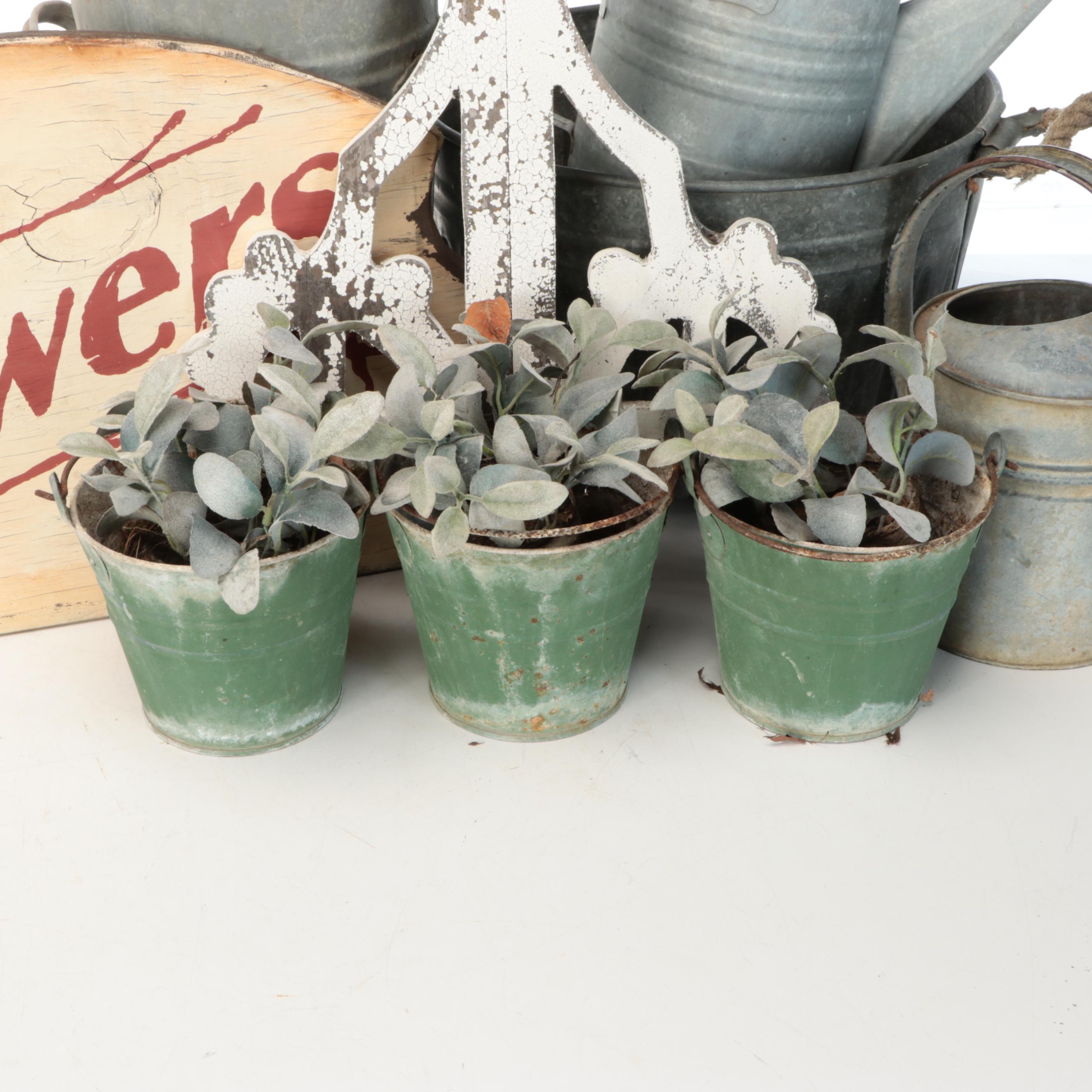 Metal Watering Cans, Wooden "Flowers" Sign, and More Outdoor Décor