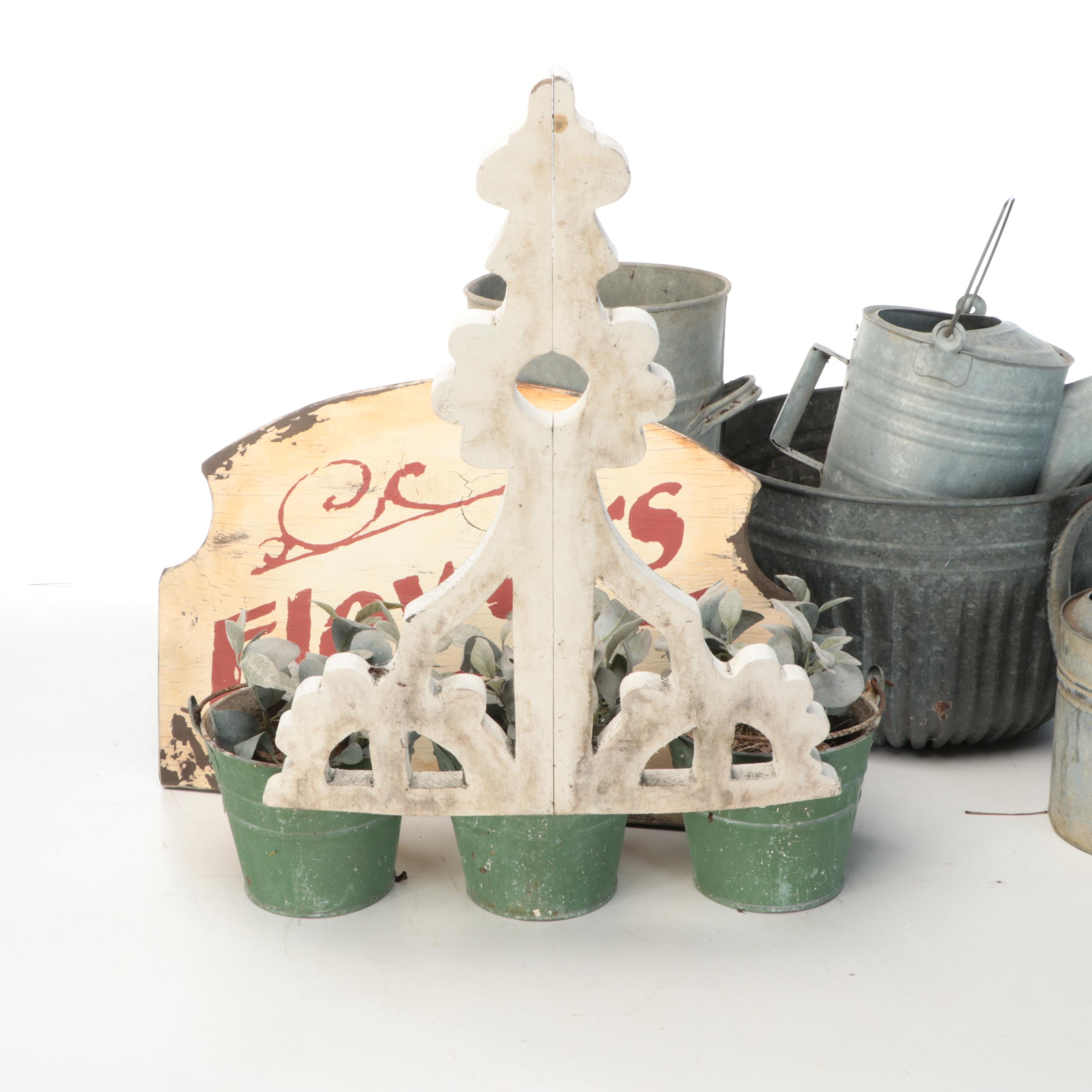 Metal Watering Cans, Wooden "Flowers" Sign, and More Outdoor Décor