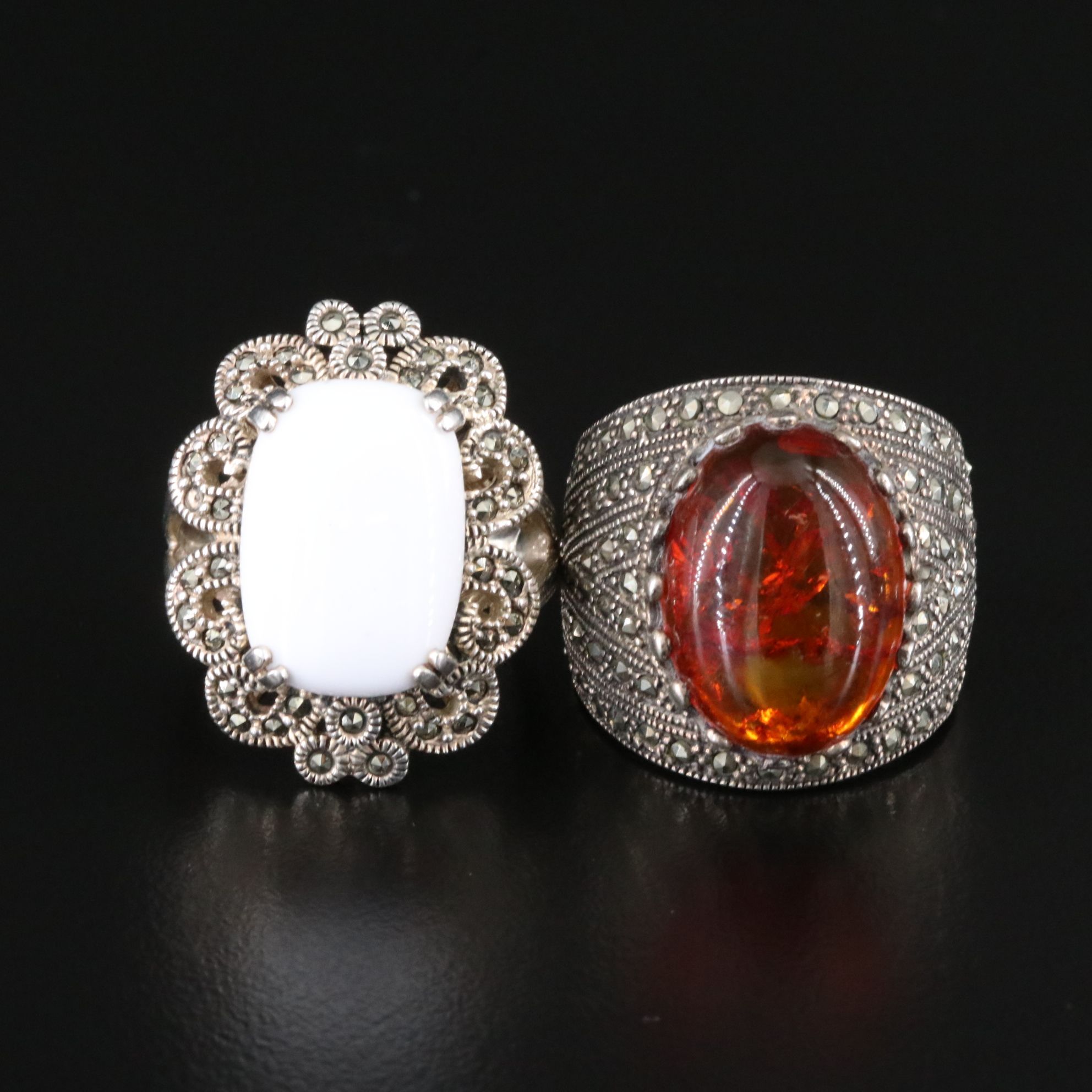 Sterling White Agate, Amber and Marcasite Tapered Rings
