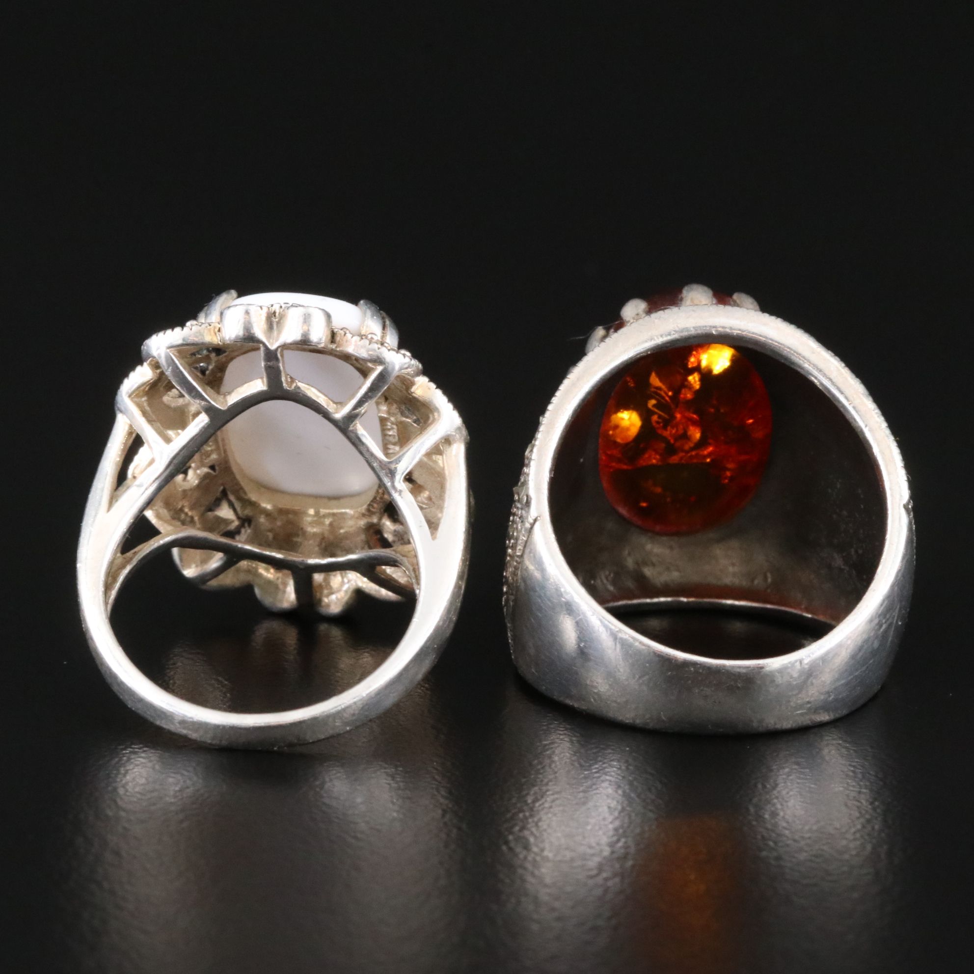 Sterling White Agate, Amber and Marcasite Tapered Rings