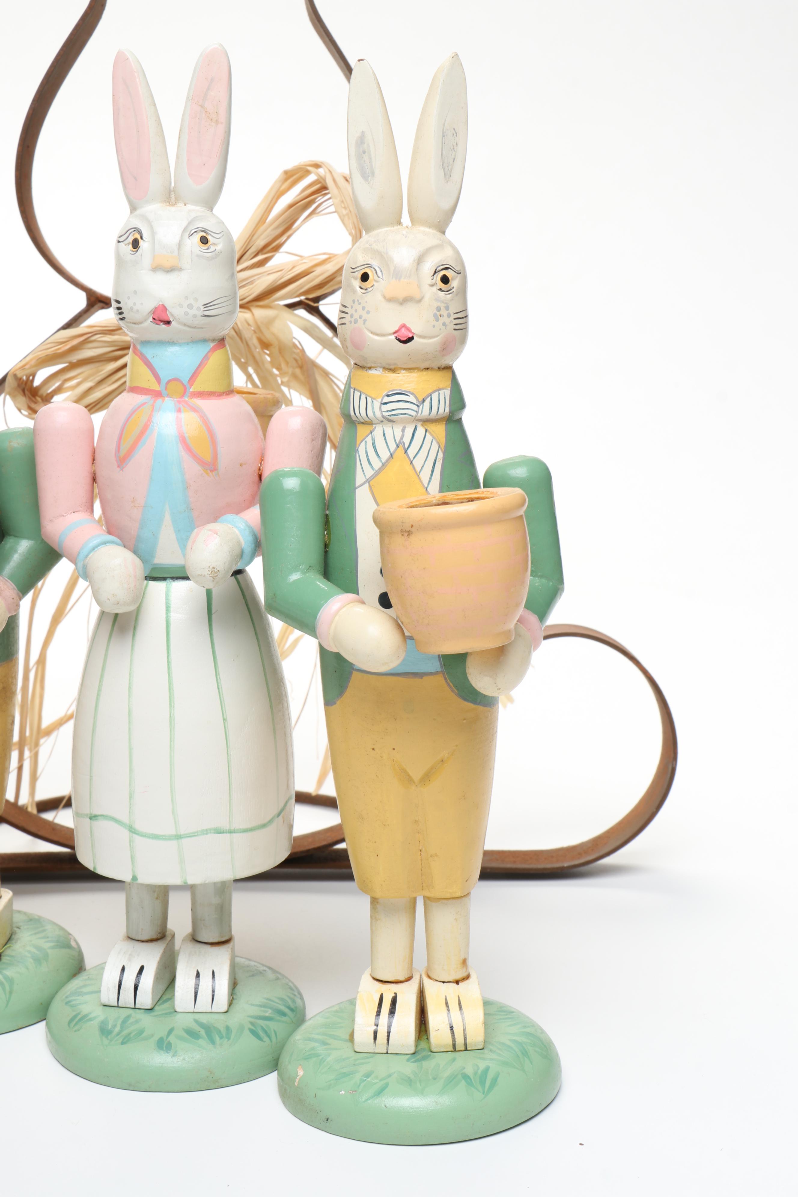 Wood Bunny Candlesticks with Other Metal and Wicker Bunny and Stone Egg Figures