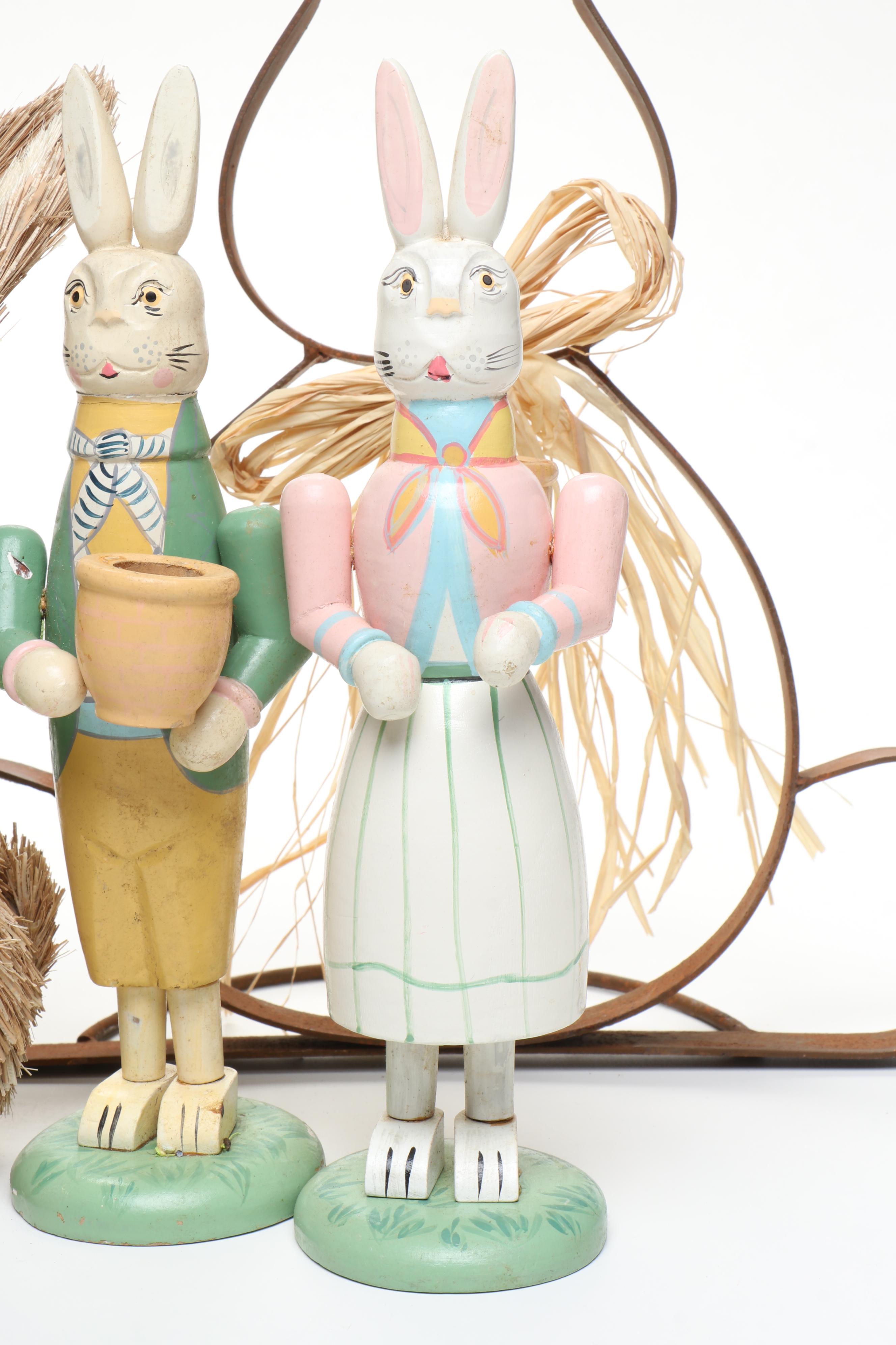 Wood Bunny Candlesticks with Other Metal and Wicker Bunny and Stone Egg Figures