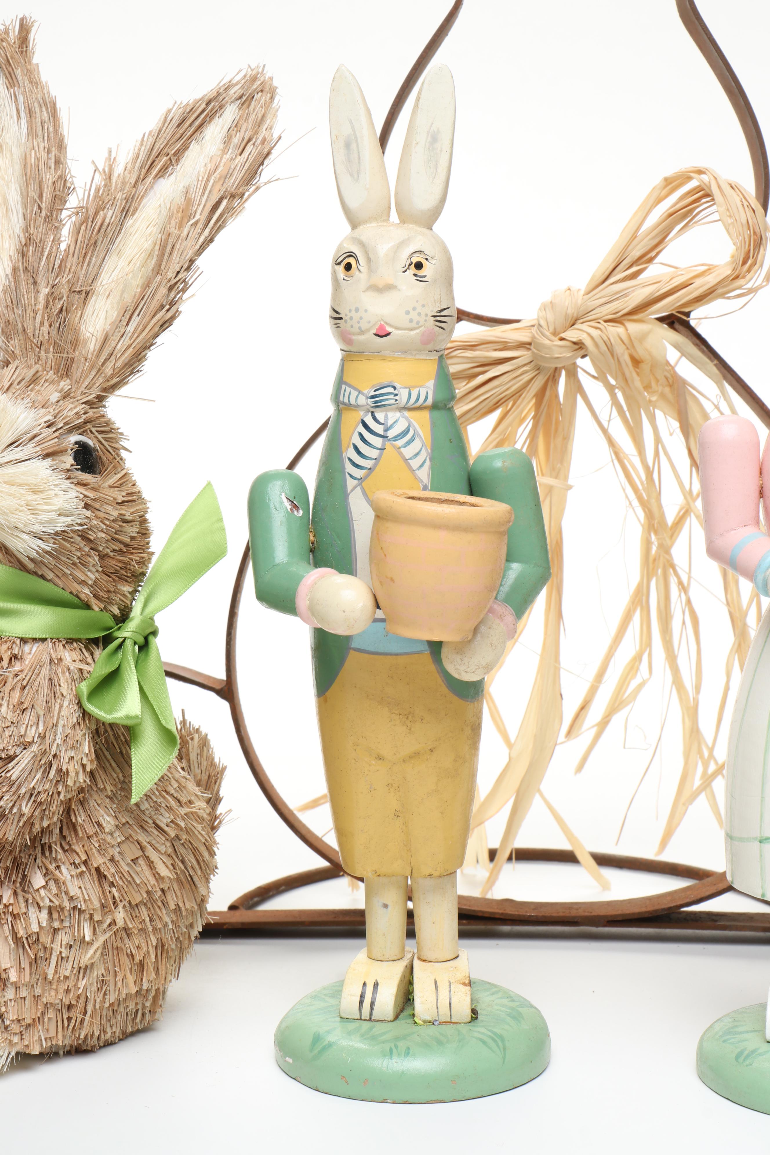 Wood Bunny Candlesticks with Other Metal and Wicker Bunny and Stone Egg Figures
