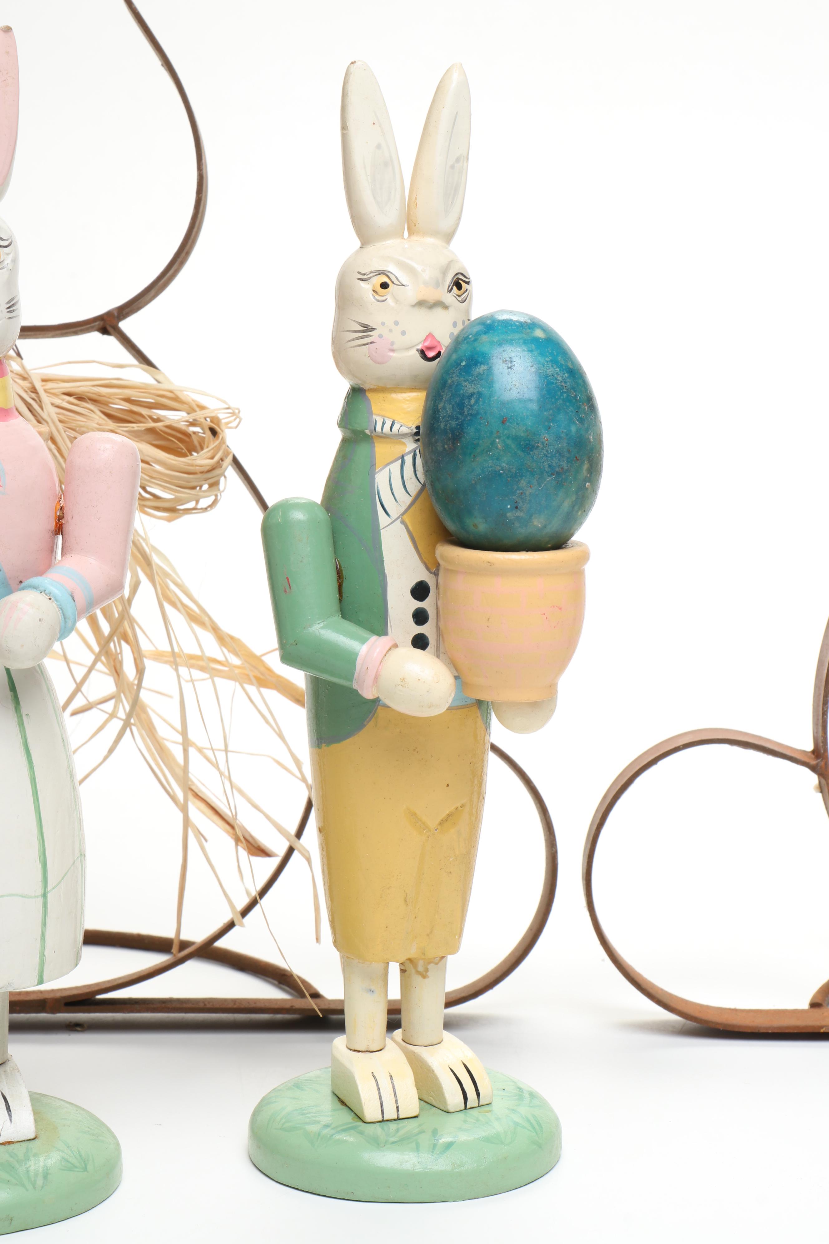 Wood Bunny Candlesticks with Other Metal and Wicker Bunny and Stone Egg Figures