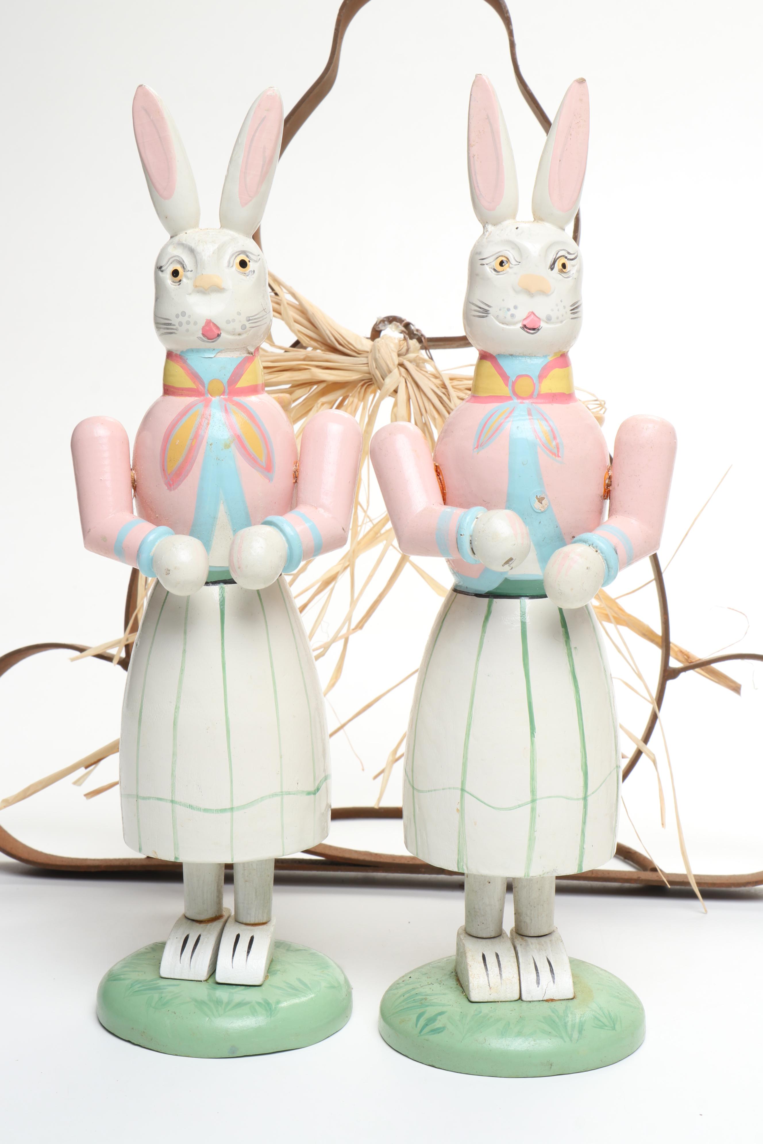 Wood Bunny Candlesticks with Other Metal and Wicker Bunny and Stone Egg Figures