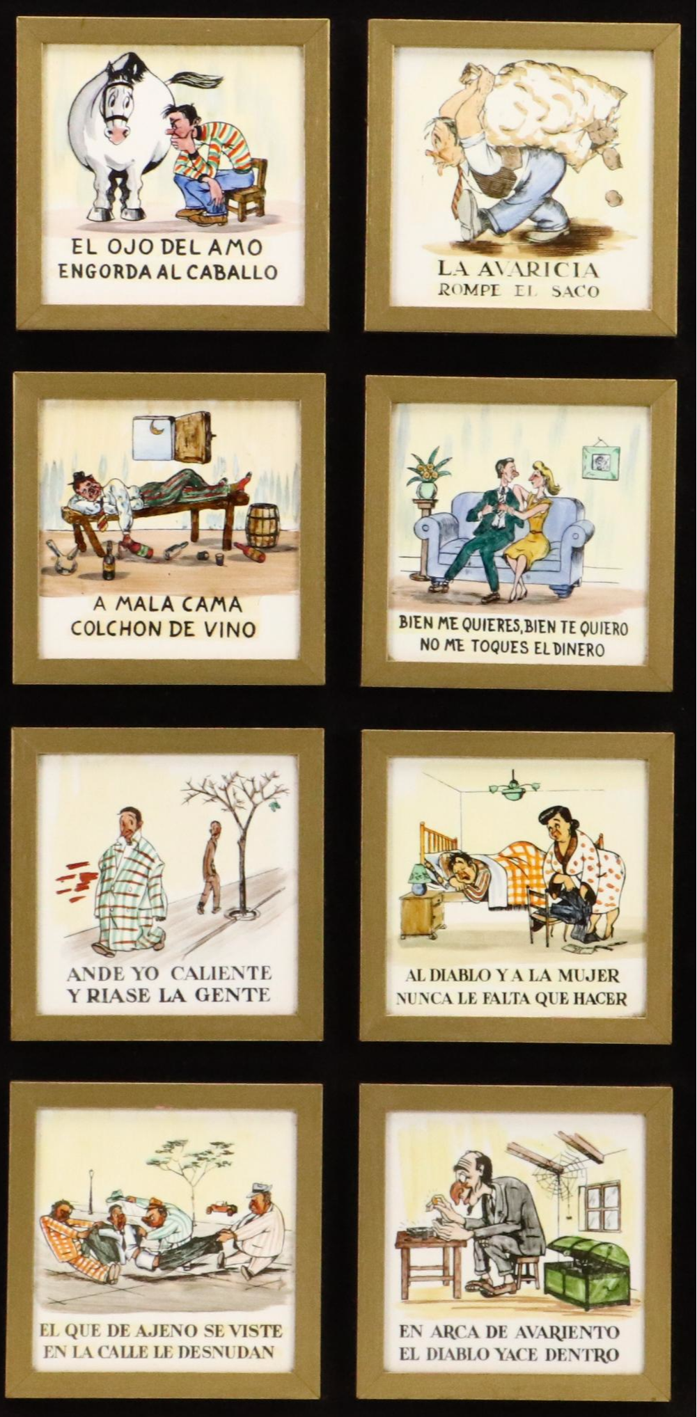 Ceramic Tiles With Spanish Hand-Colored Satirical Cartoons, Circa 1945