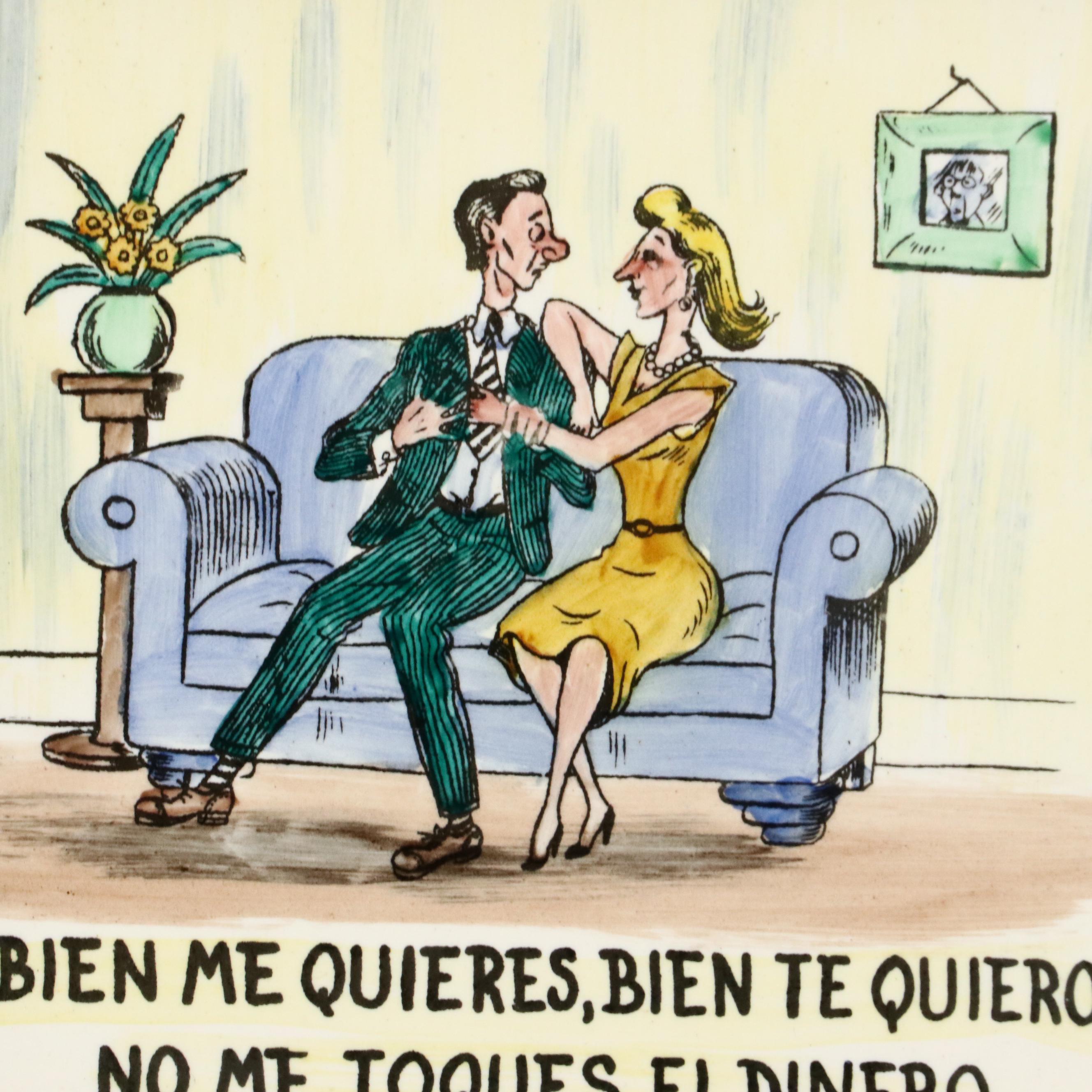 Ceramic Tiles With Spanish Hand-Colored Satirical Cartoons, Circa 1945