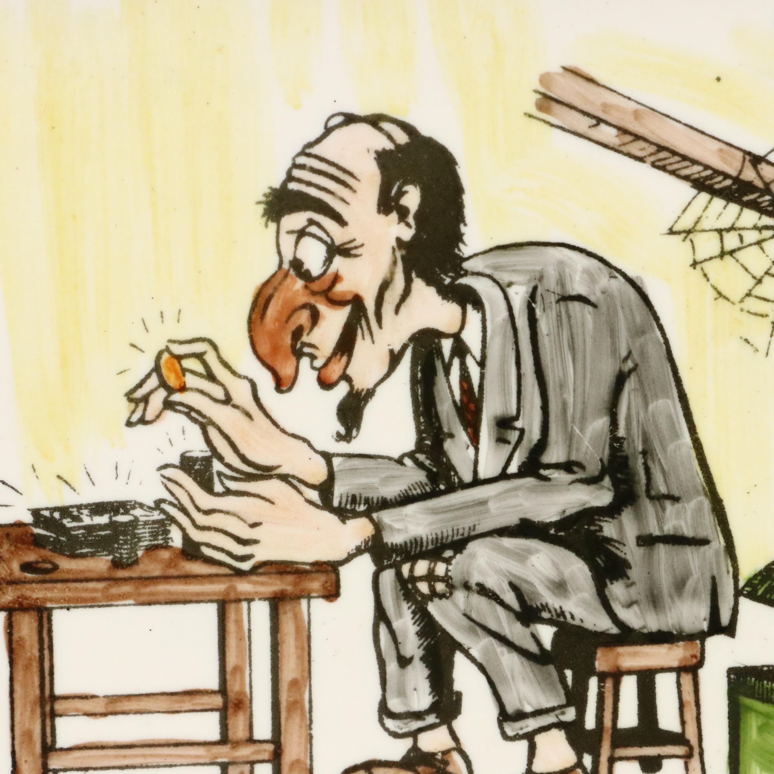 Ceramic Tiles With Spanish Hand-Colored Satirical Cartoons, Circa 1945