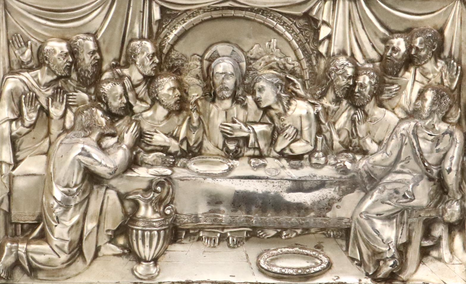 Silver-Plated Tin Repoussé Panel "Ultima Cena de Jesus"