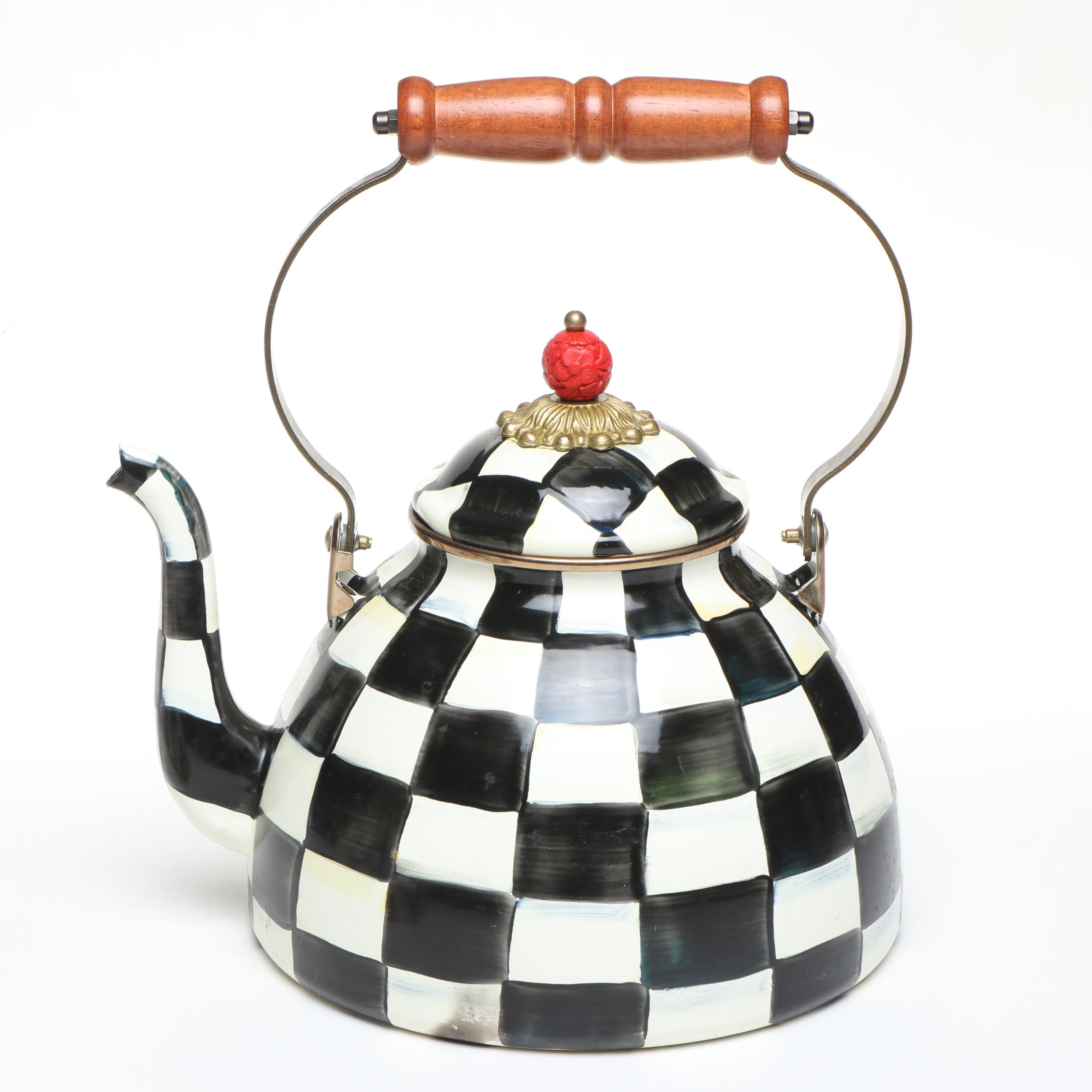 MacKenzie-Childs "Courtly Check" and "Flower Market" Enamelware Tea Kettles