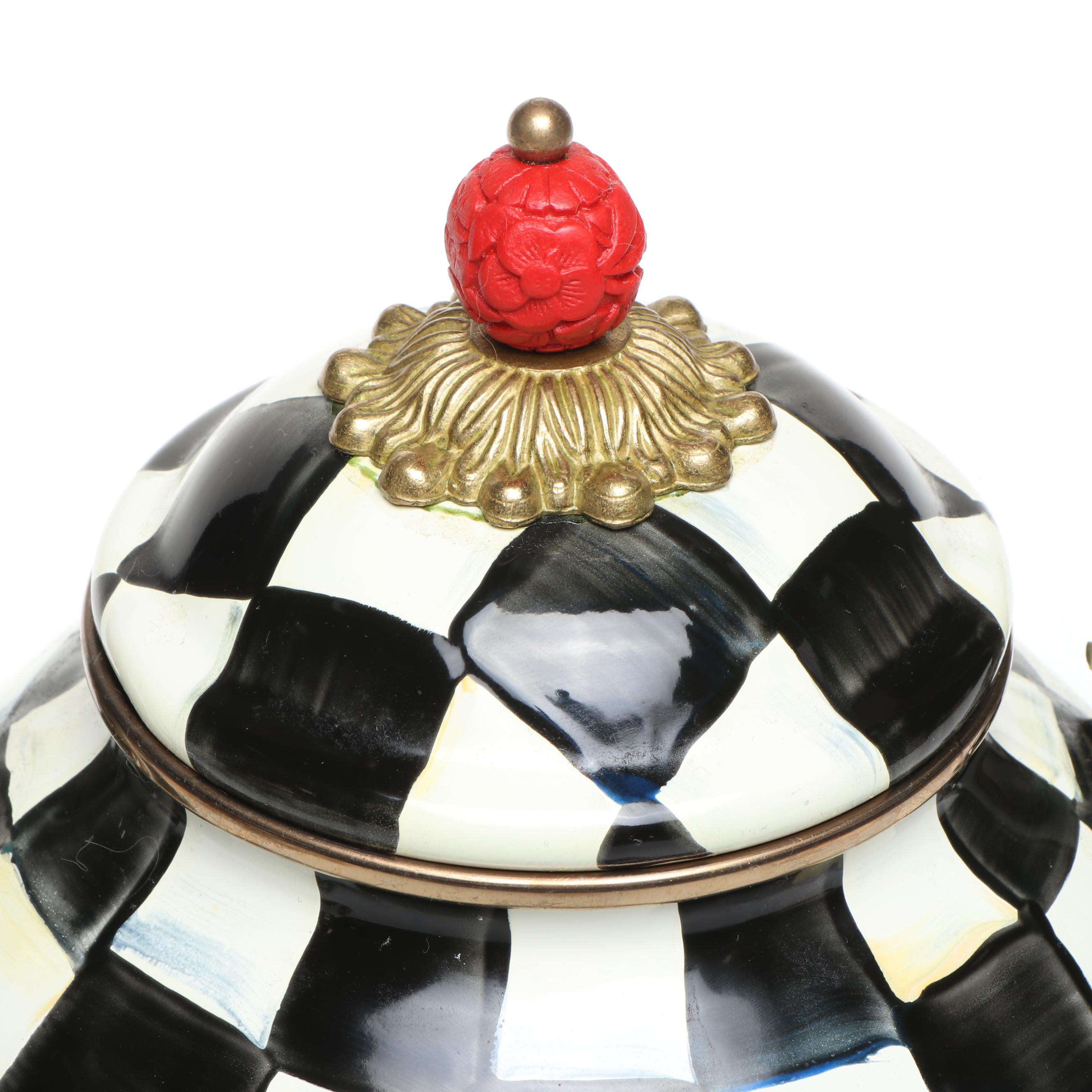 MacKenzie-Childs "Courtly Check" and "Flower Market" Enamelware Tea Kettles