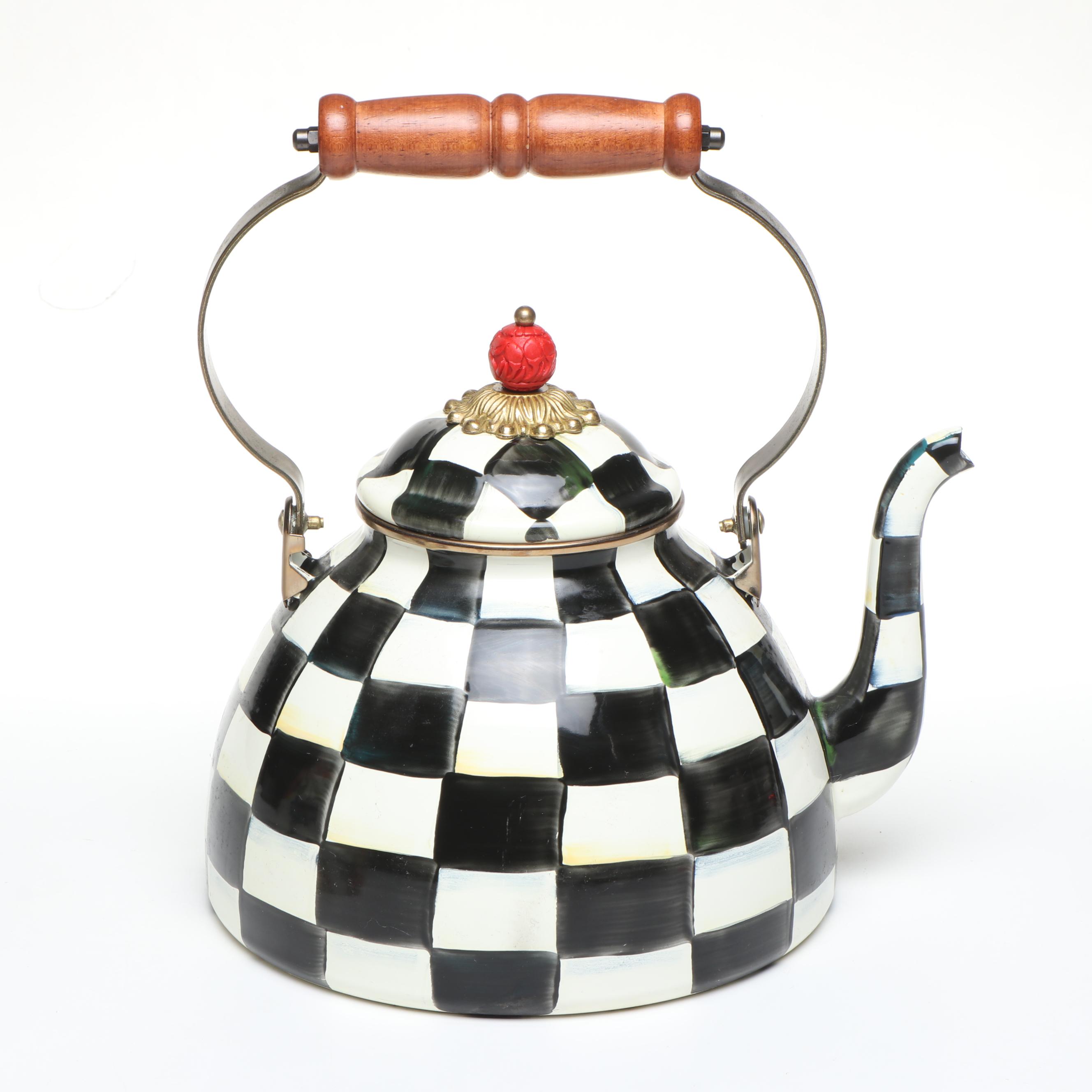 MacKenzie-Childs "Courtly Check" and "Flower Market" Enamelware Tea Kettles