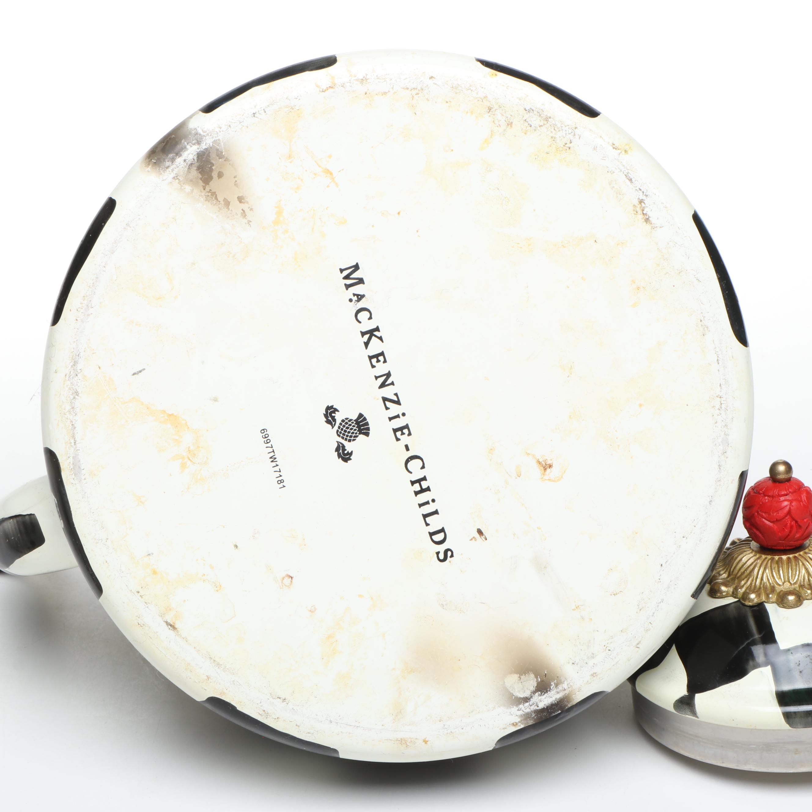 MacKenzie-Childs "Courtly Check" and "Flower Market" Enamelware Tea Kettles