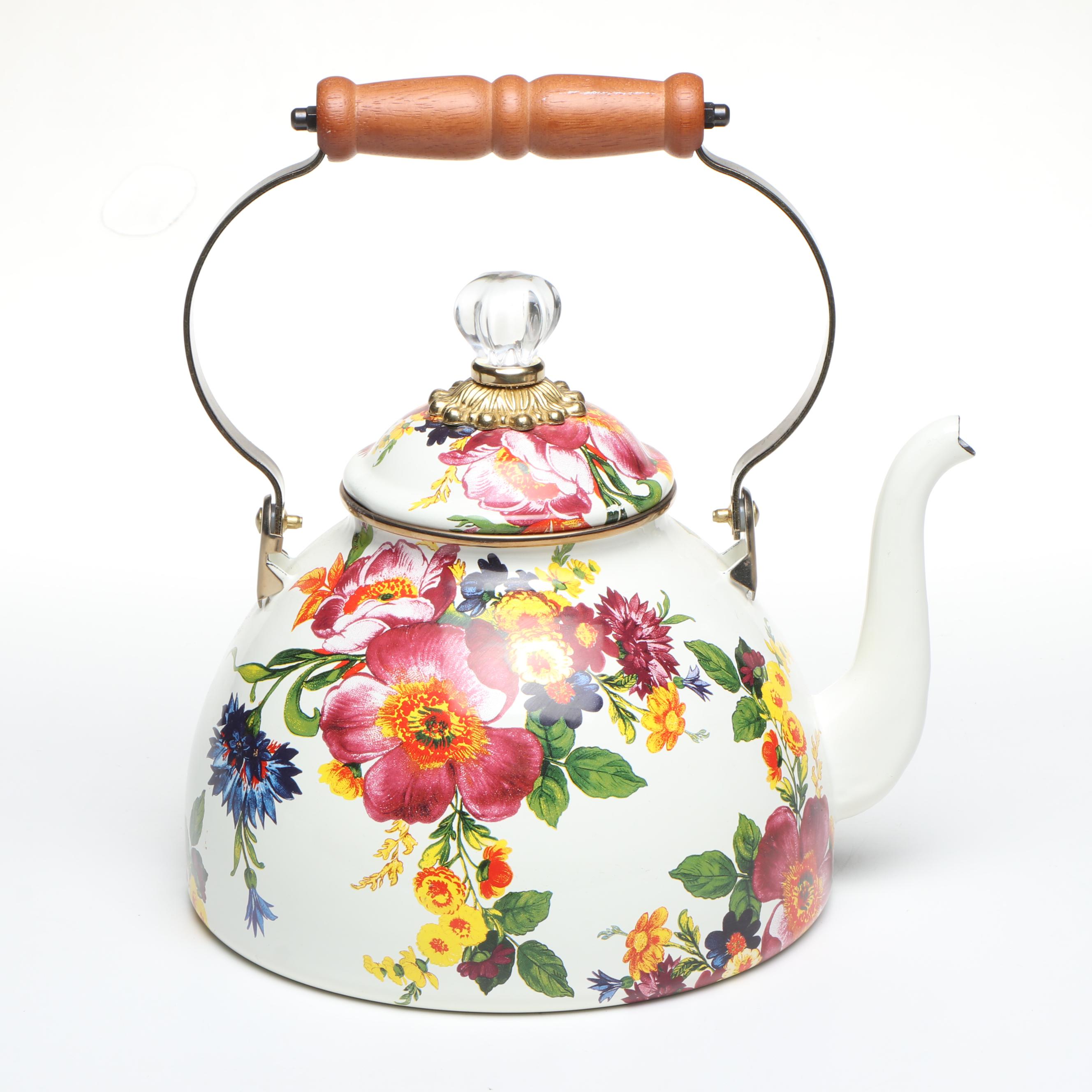 MacKenzie-Childs "Courtly Check" and "Flower Market" Enamelware Tea Kettles